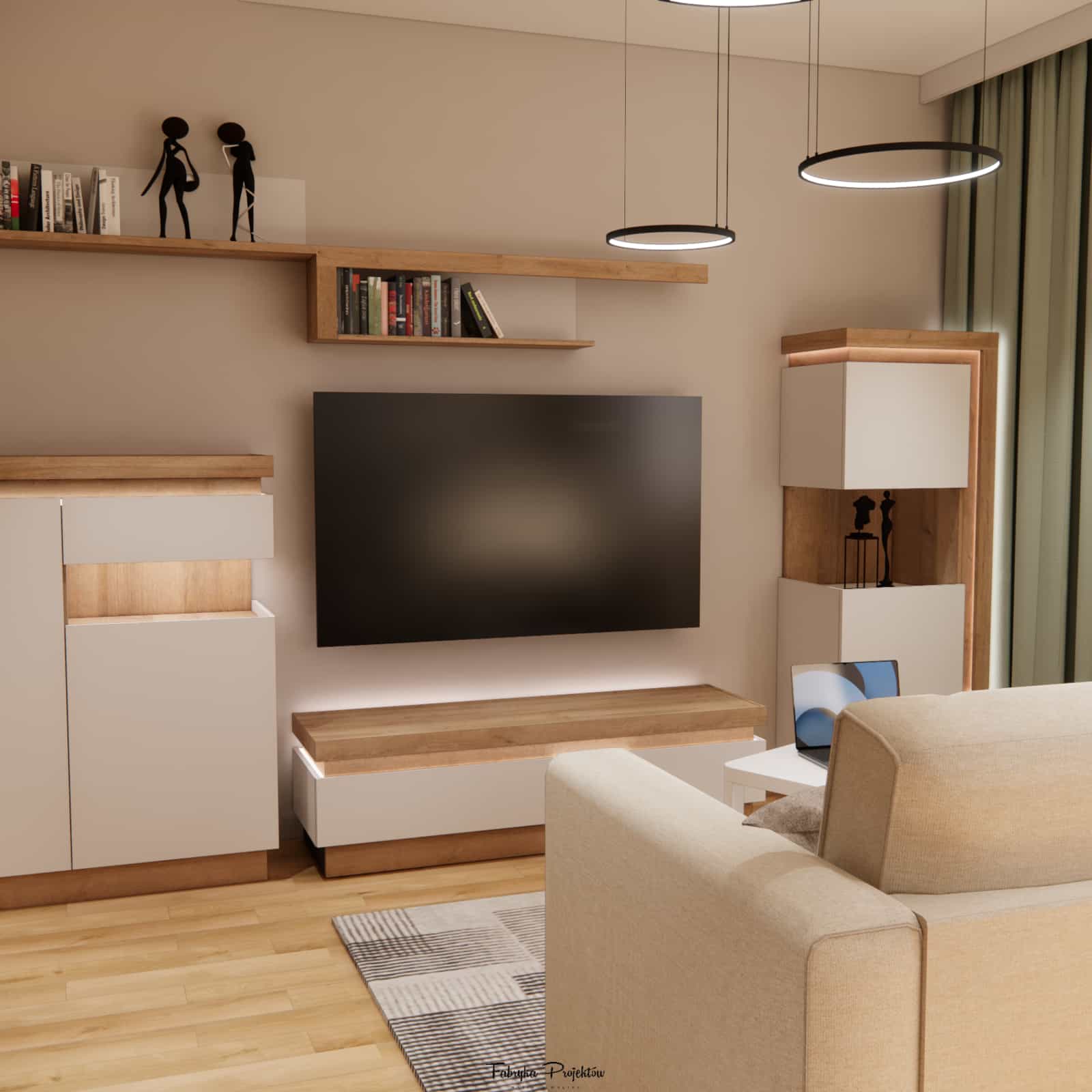 Daytime zone in a 35m2 apartment – living room, dining area, and kitchenette