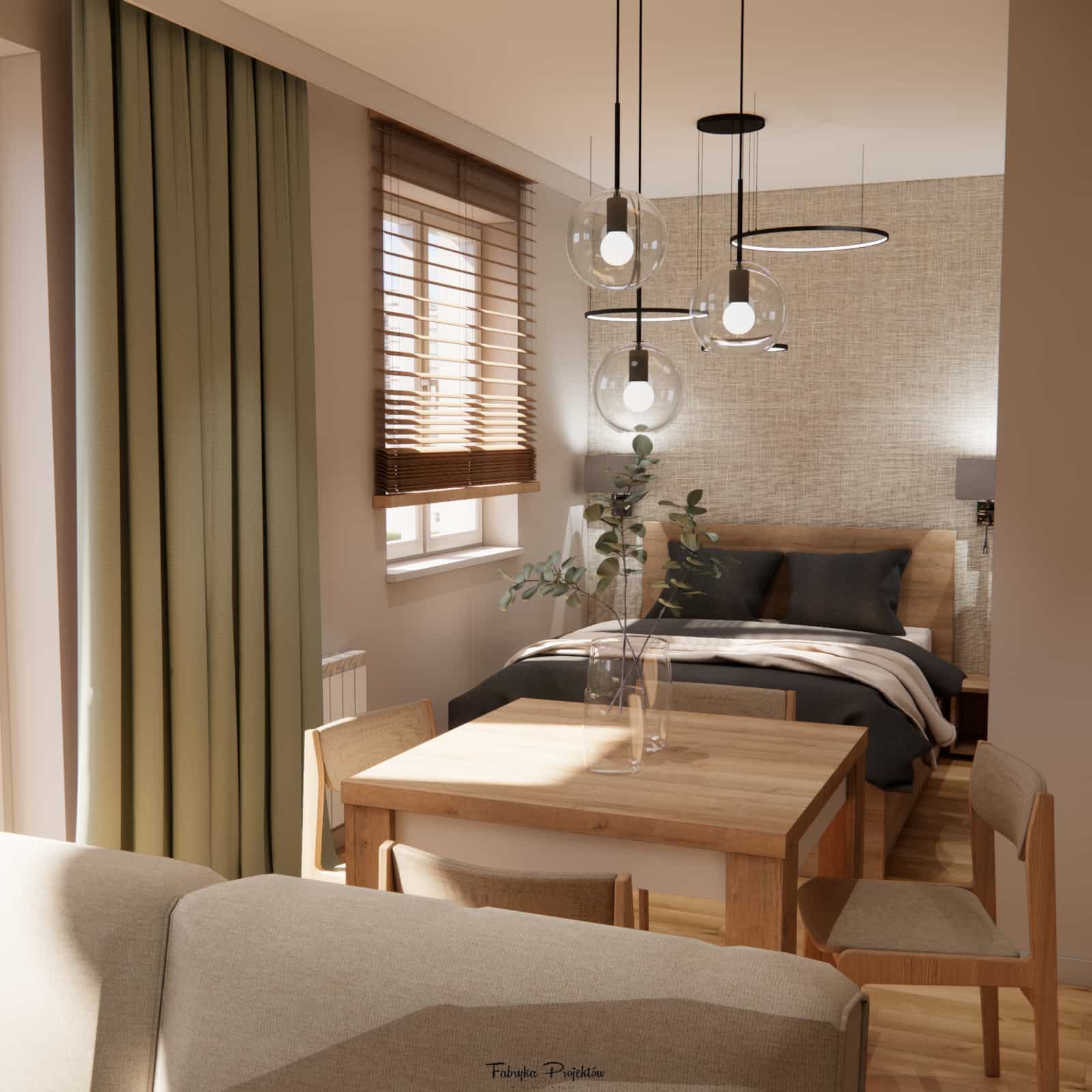 Bedroom in a 35m2 apartment – modern and cozy arrangement