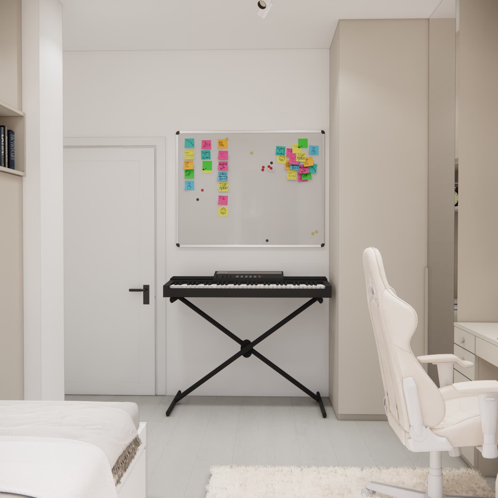 13-year-old girl's bedroom with space for a keyboard and notice board