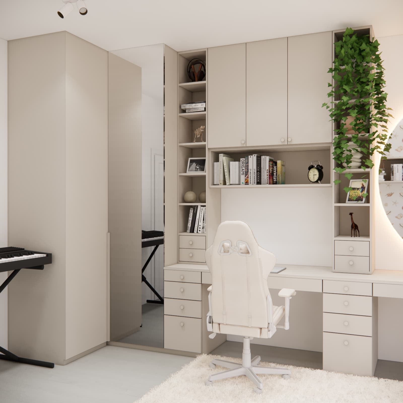 Floor-to-ceiling cashmere furniture in a teenager's bedroom with wardrobe, shelving and storage space