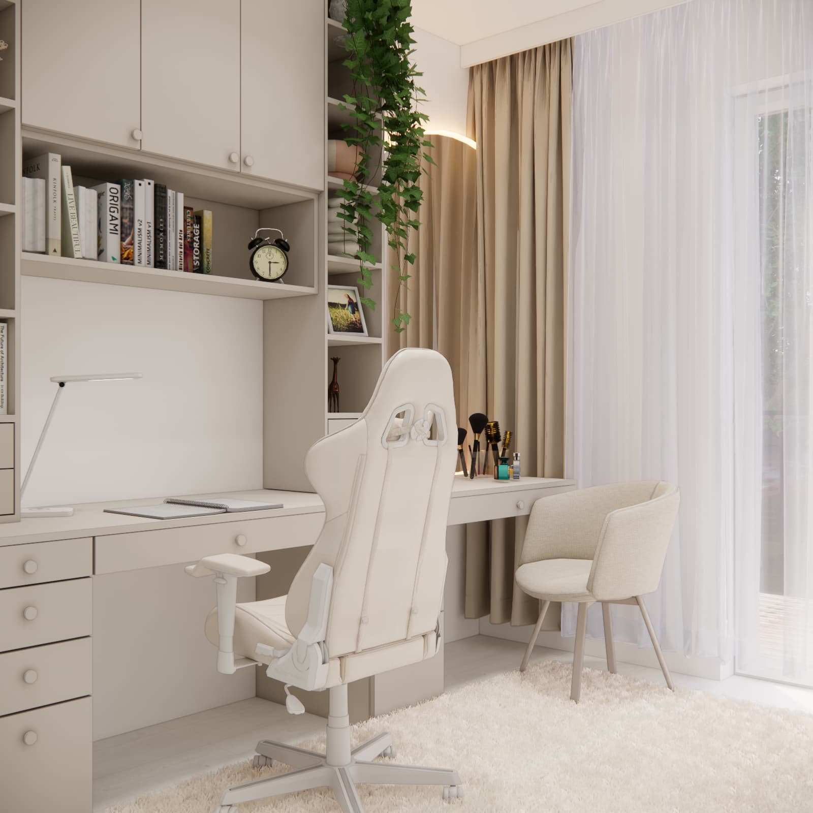 Large desk for a 13-year-old girl with cashmere built-in furniture, shelves and drawers