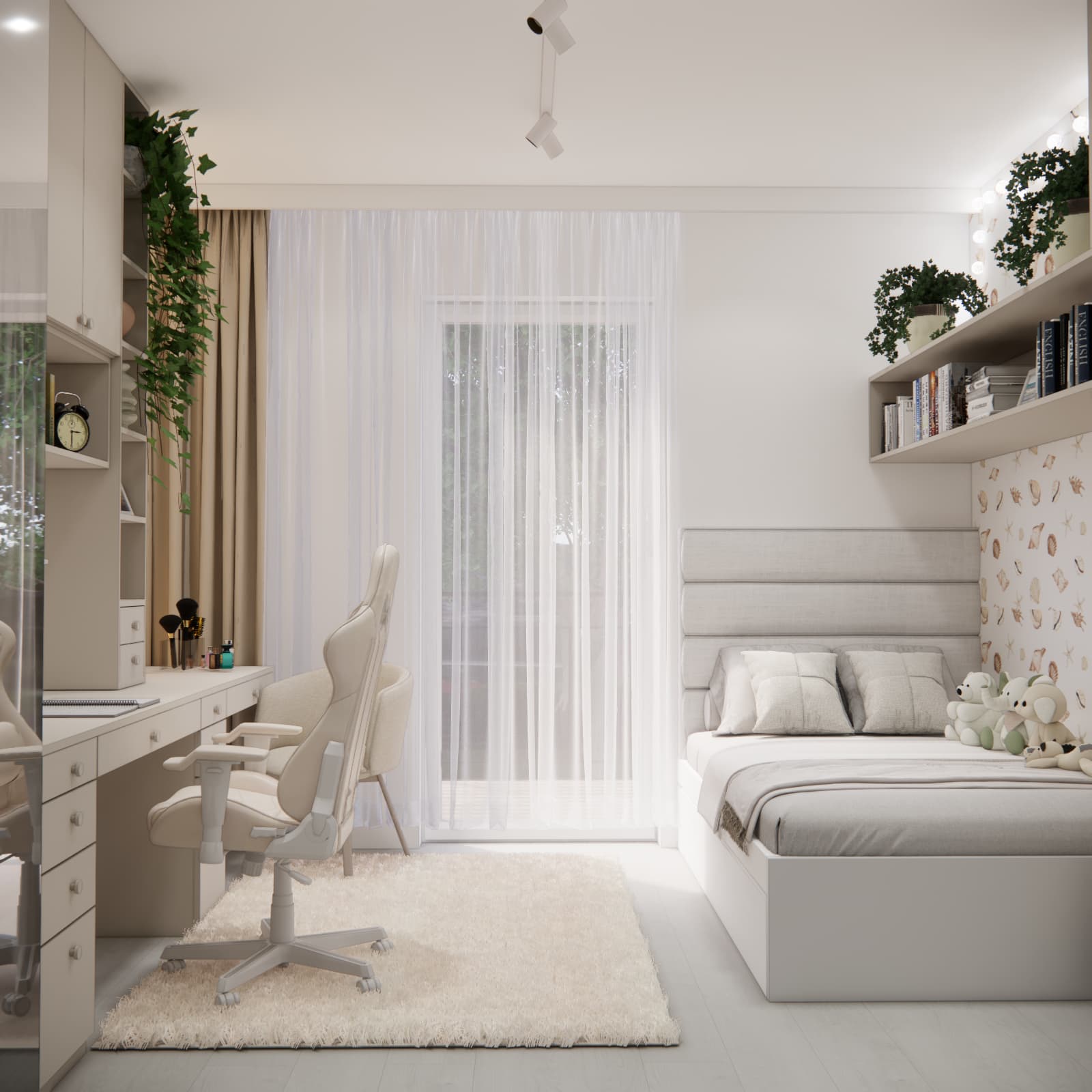 Sleeping area in a 13-year-old girl's bedroom with cashmere wardrobe and coastal wallpaper