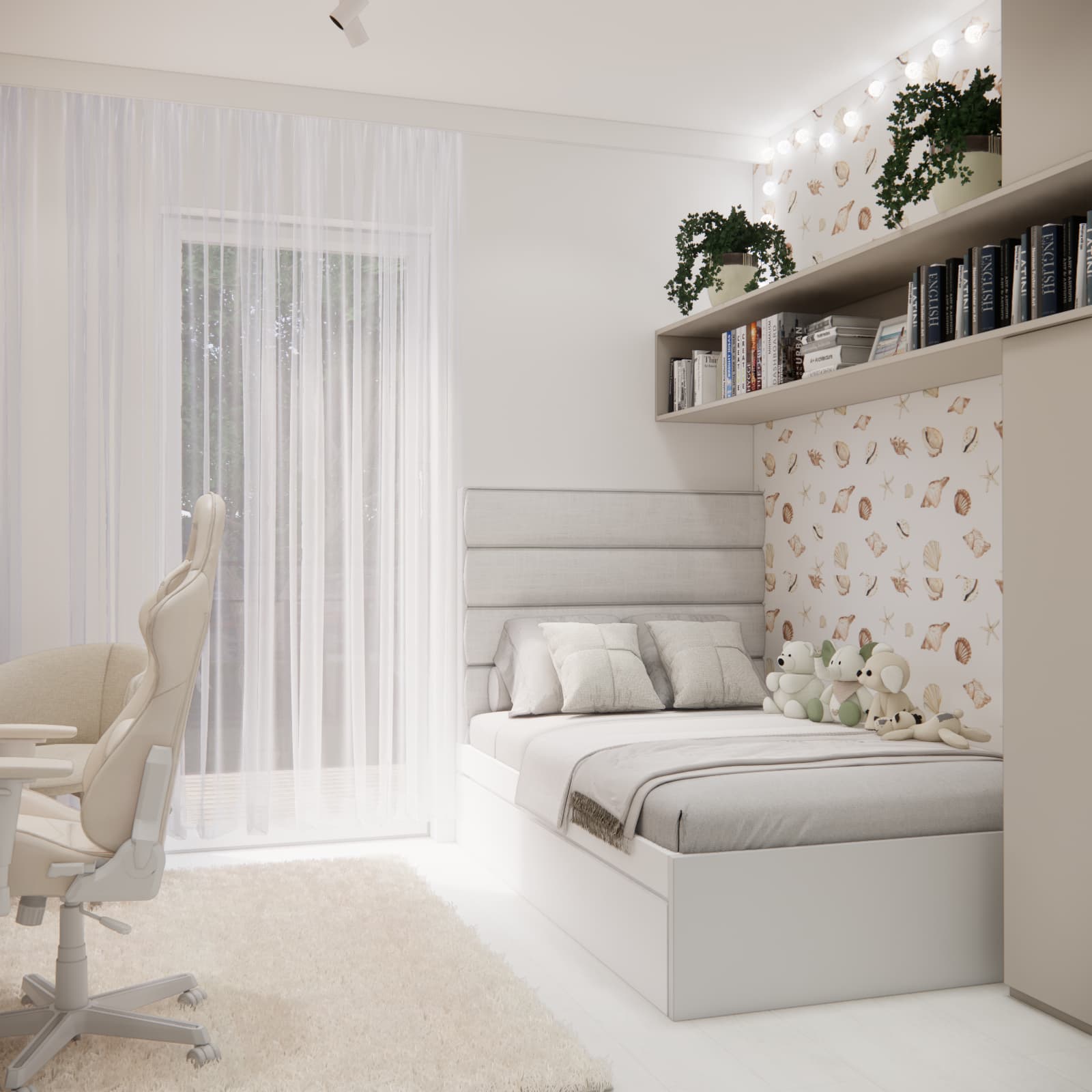 Teenage girl's bedroom with 120x200 bed and seashell-patterned coastal wallpaper