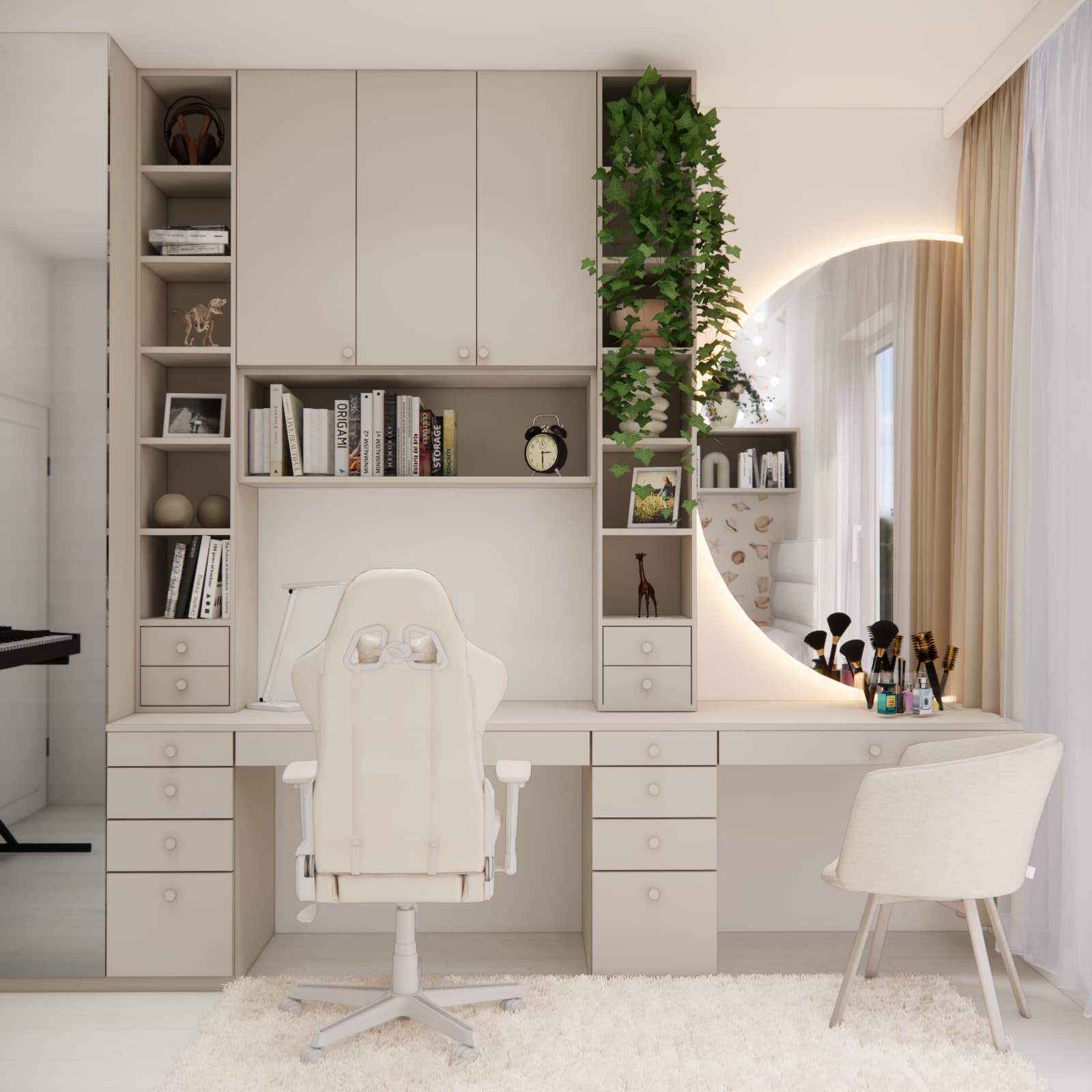 Teenage girl's desk and dressing table design with large LED mirror and cashmere built-in furniture