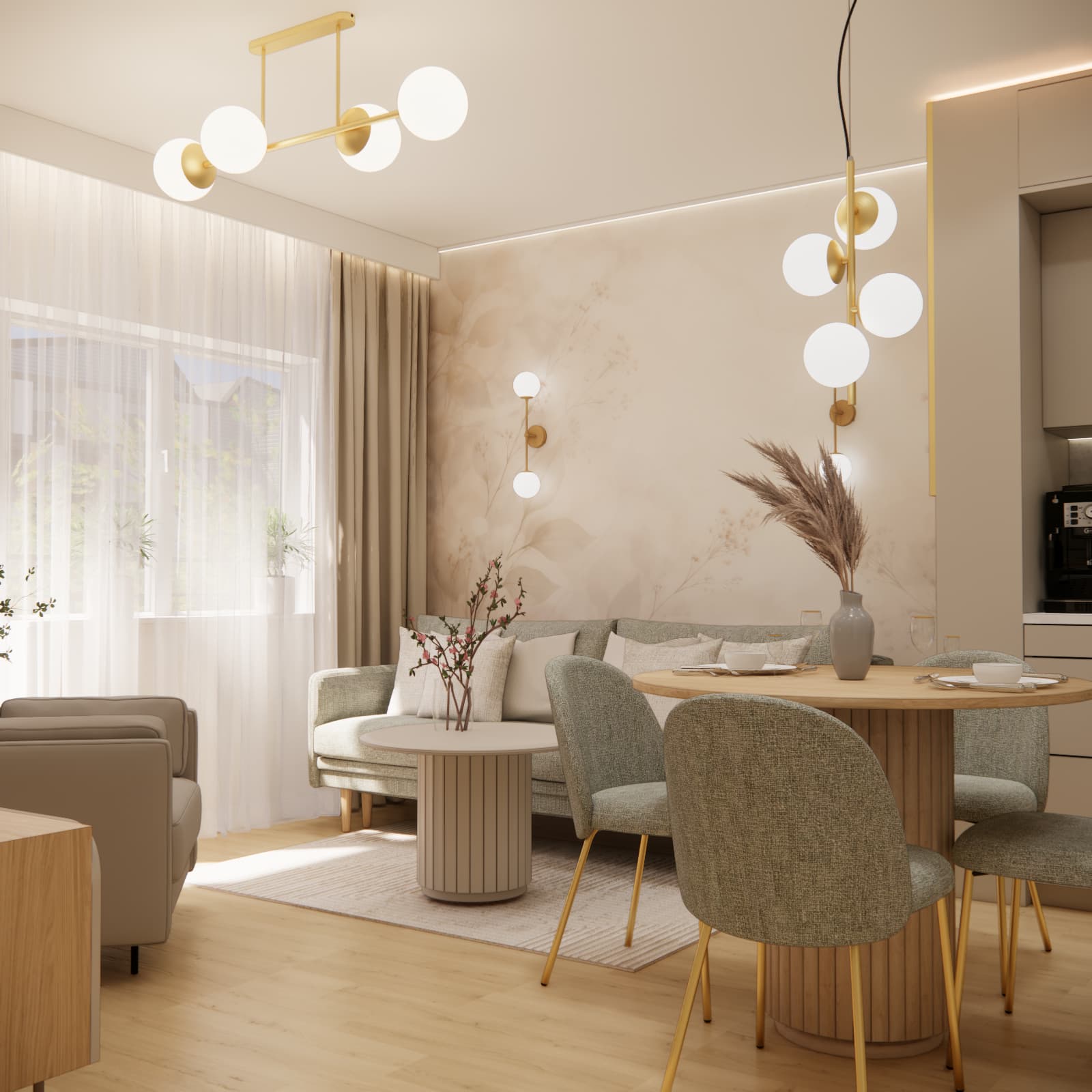 55 m² apartment design in Lublin – beige living room with open-plan kitchen and dining area