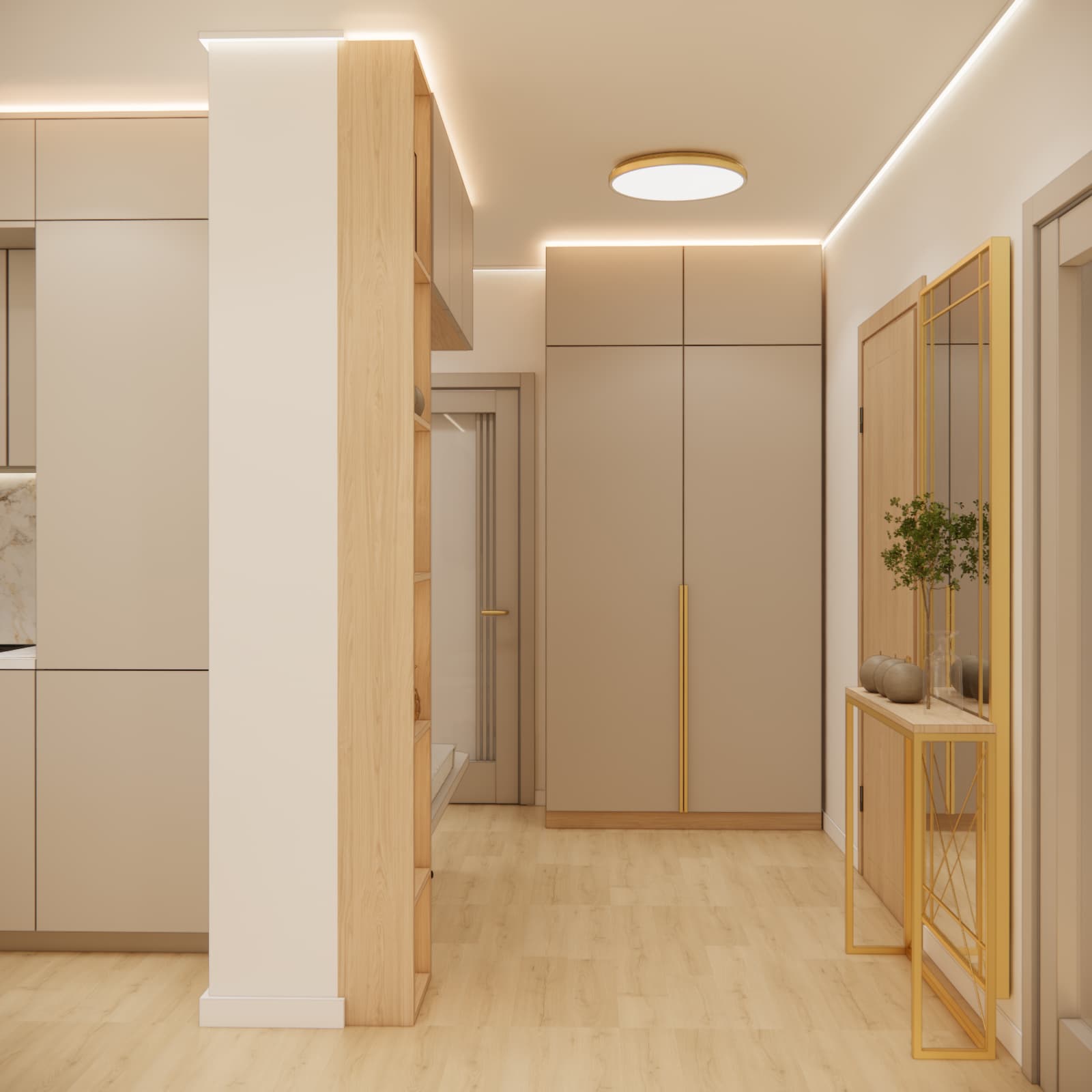 Apartment entrance hall design with tall wardrobe, gold console table and mirror