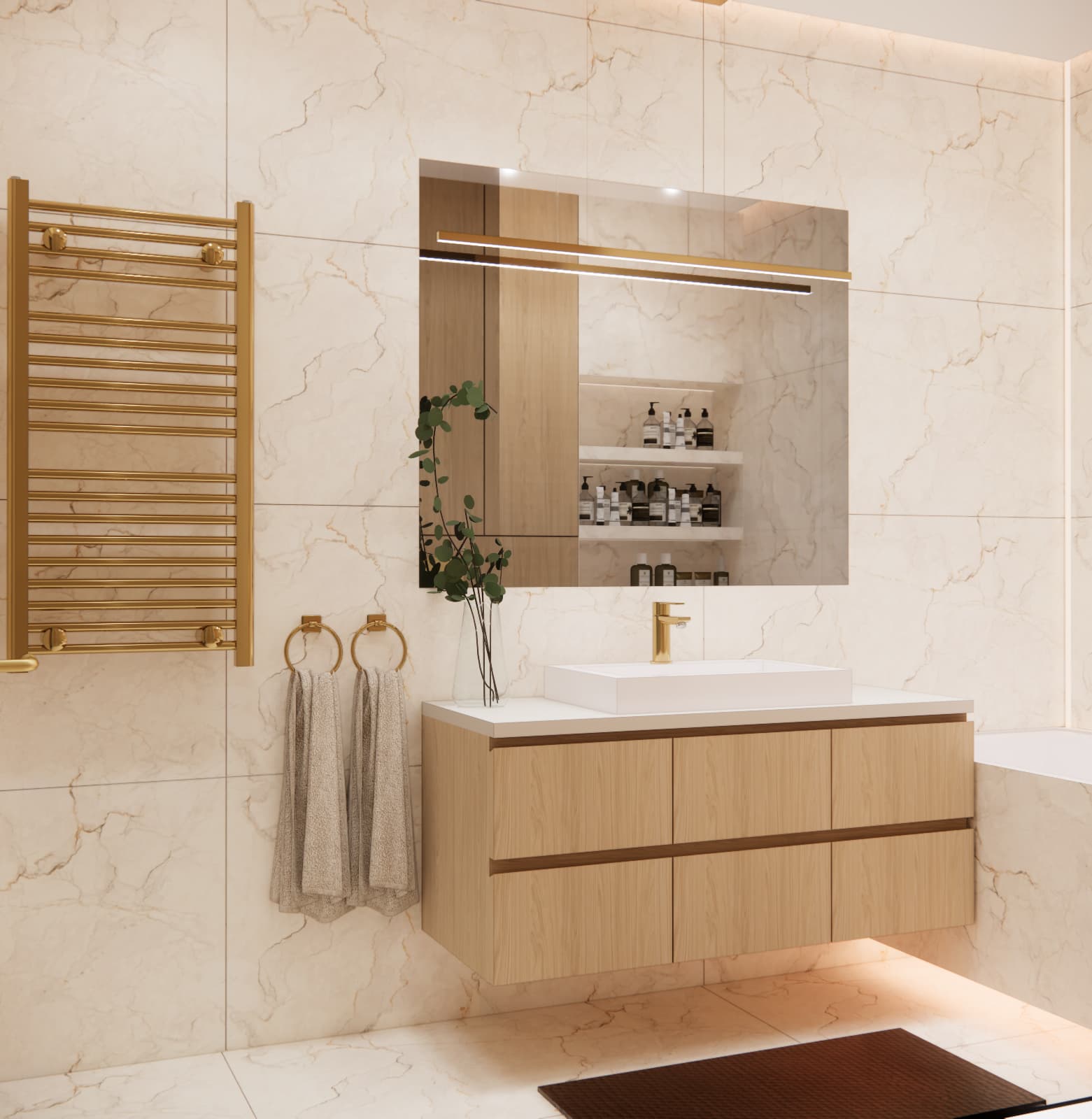 Bathroom vanity area with wooden cabinet, large mirror and gold towel radiator