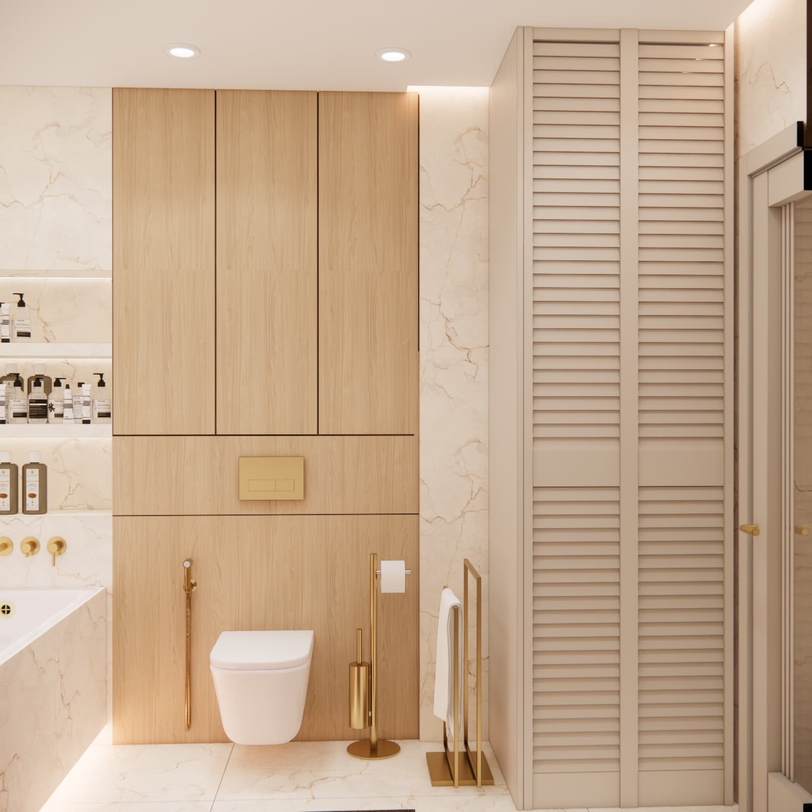 Beige and wood bathroom design with wall-hung toilet, built-in storage and gold details