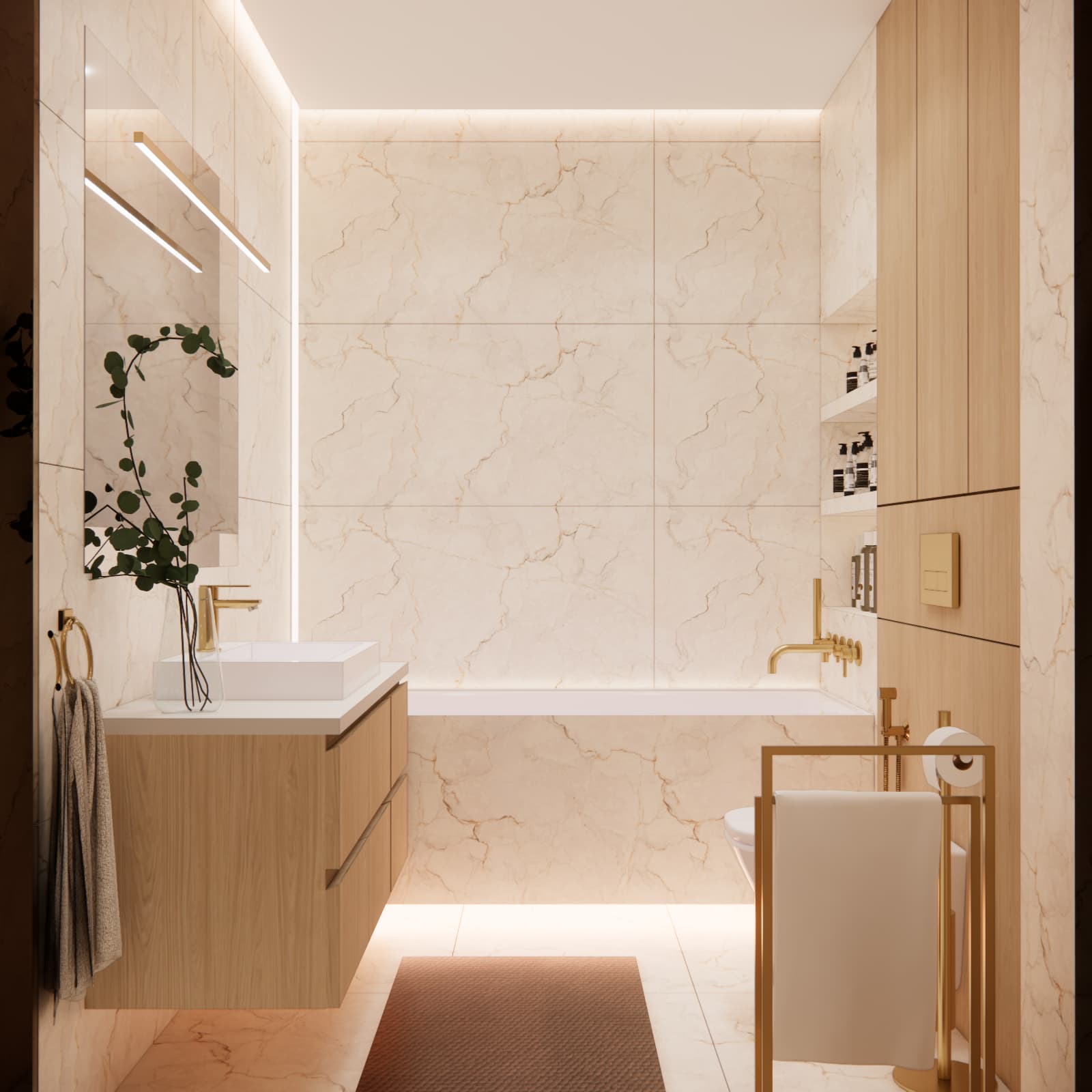 Bright bathroom with bathtub, wooden vanity unit and stone-effect tiles