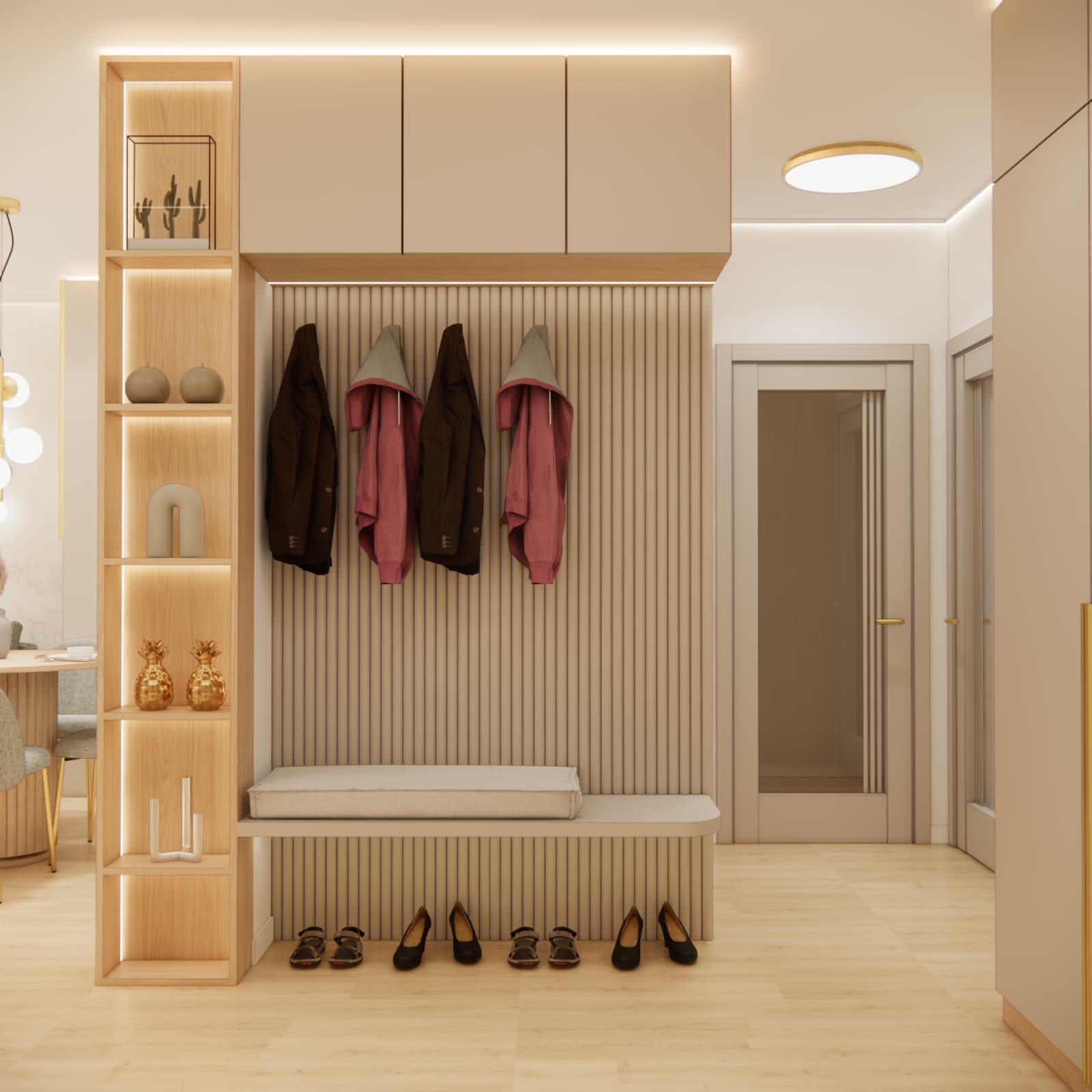 Entrance hall design with upholstered bench, coat hooks and floor-to-ceiling built-in storage