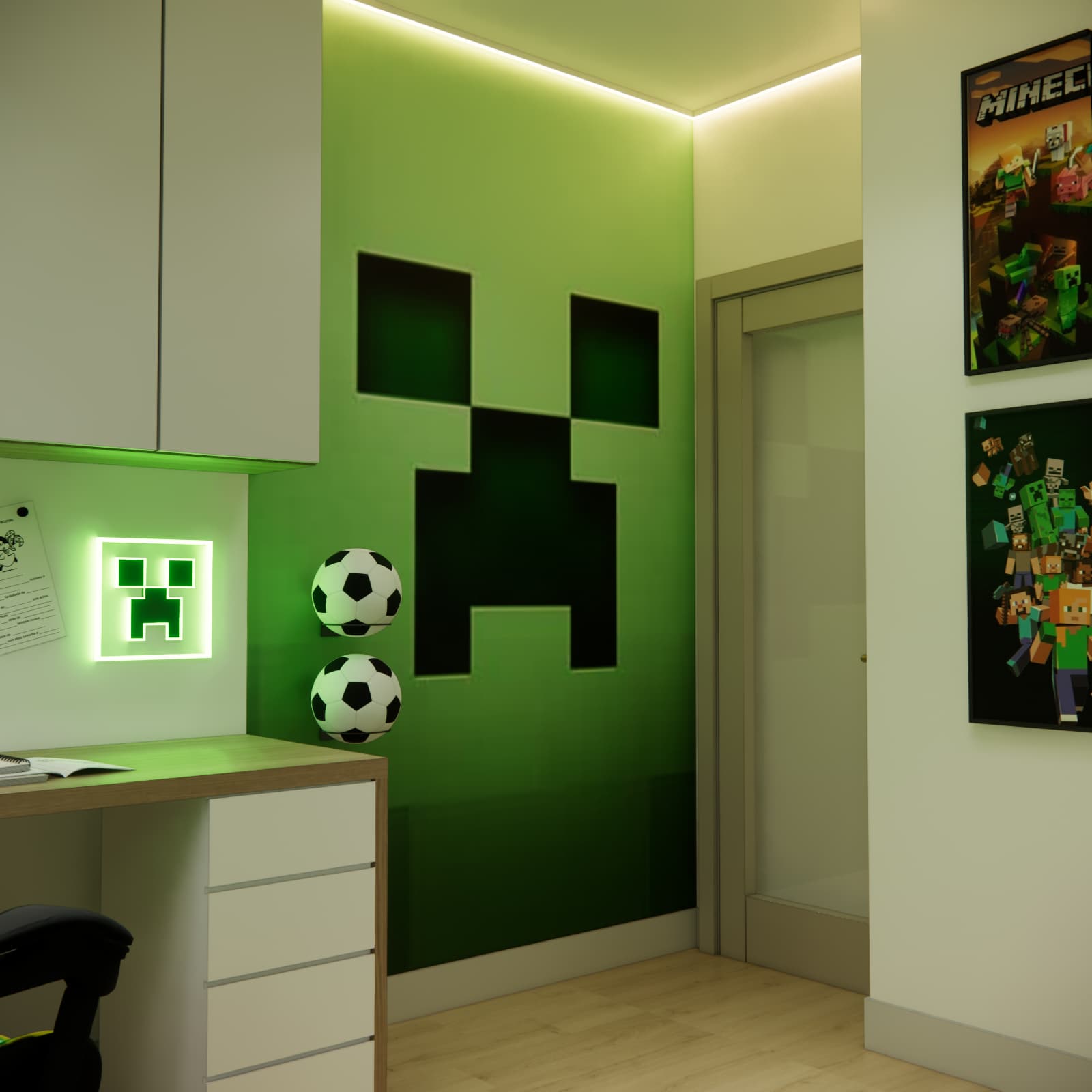 Green wall with Creeper motif in a Minecraft-inspired bedroom
