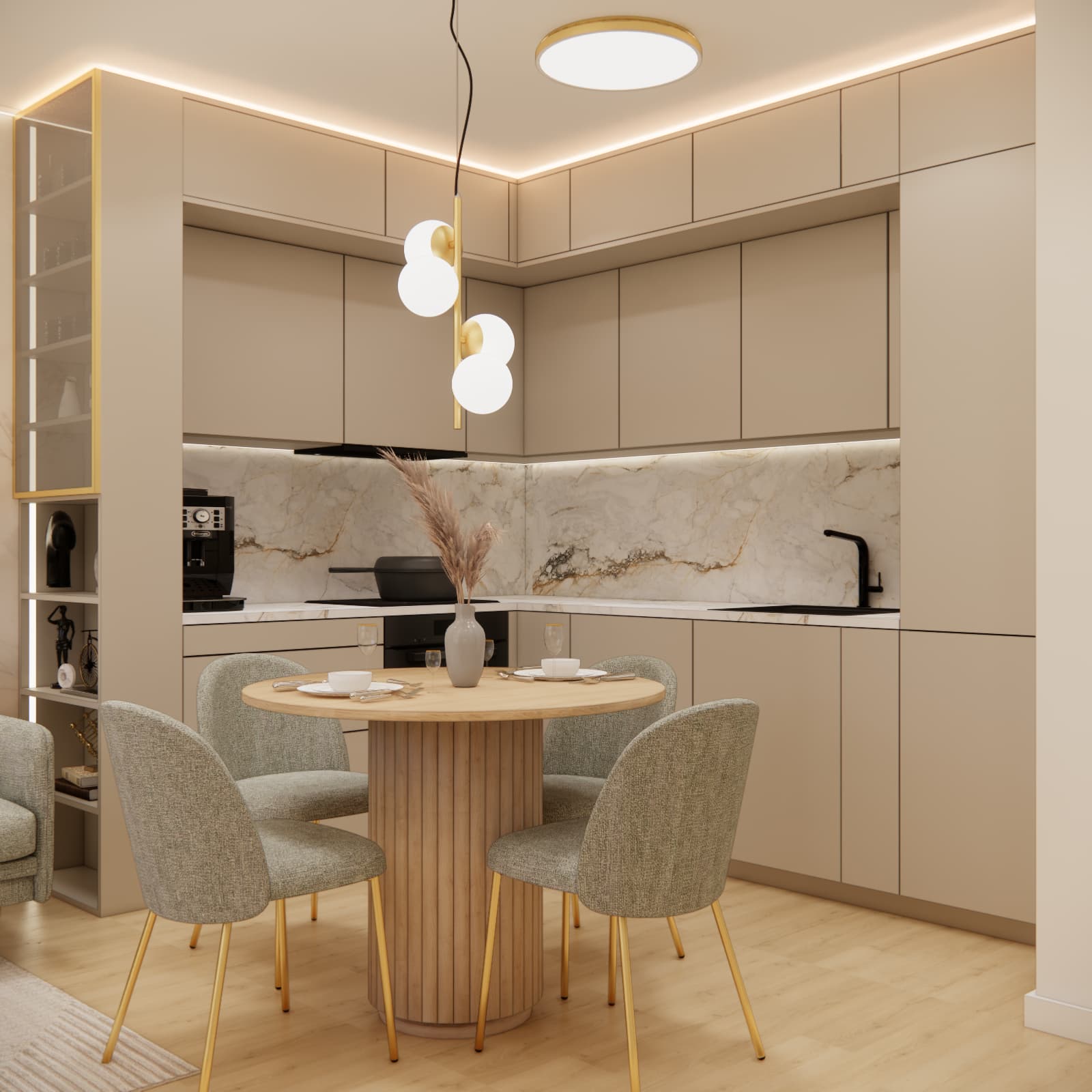Kitchen and dining area design with cashmere cabinets, light stone and a round wooden table