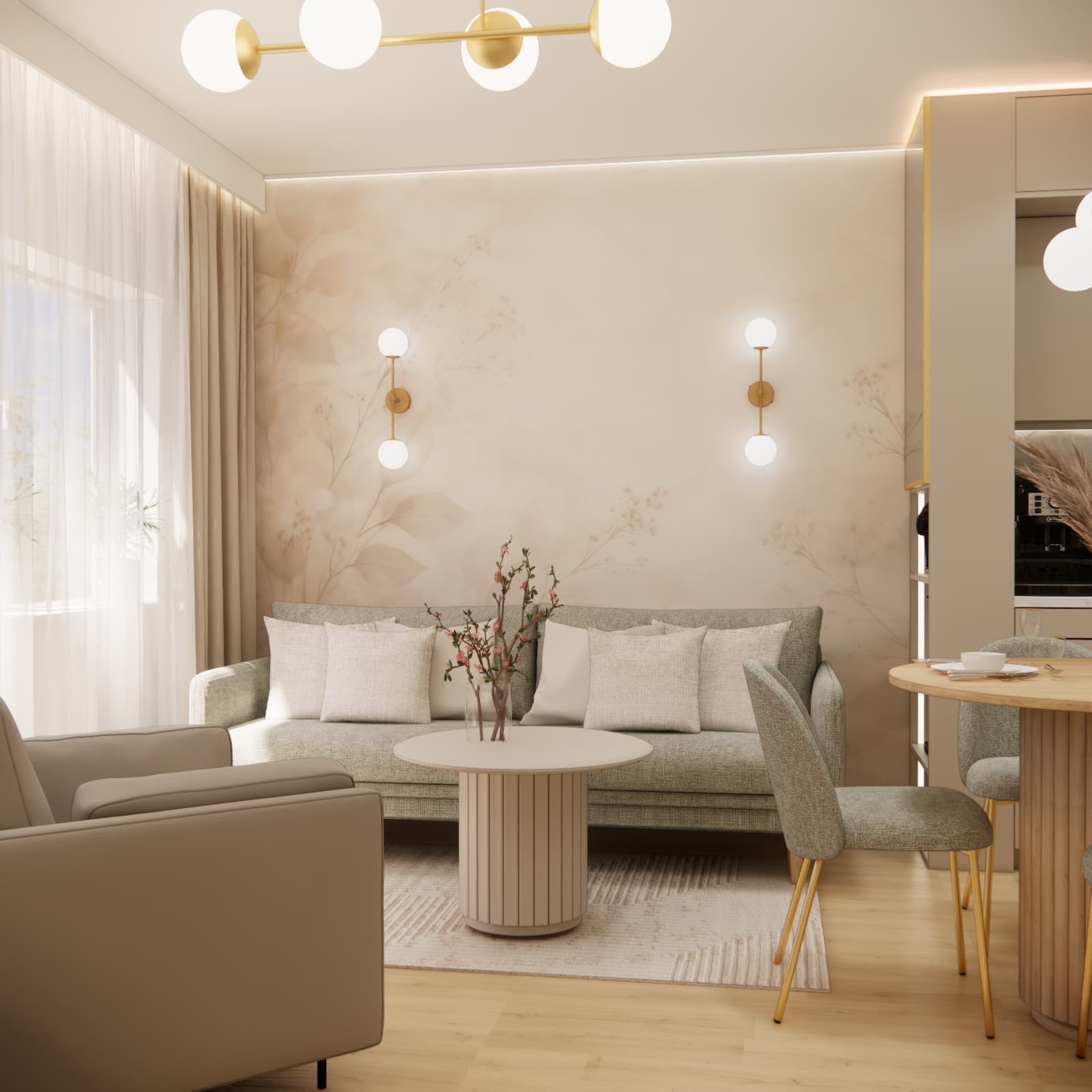 Living room design in a 55 m² apartment – beige decorative wall, sofa and gold wall lights