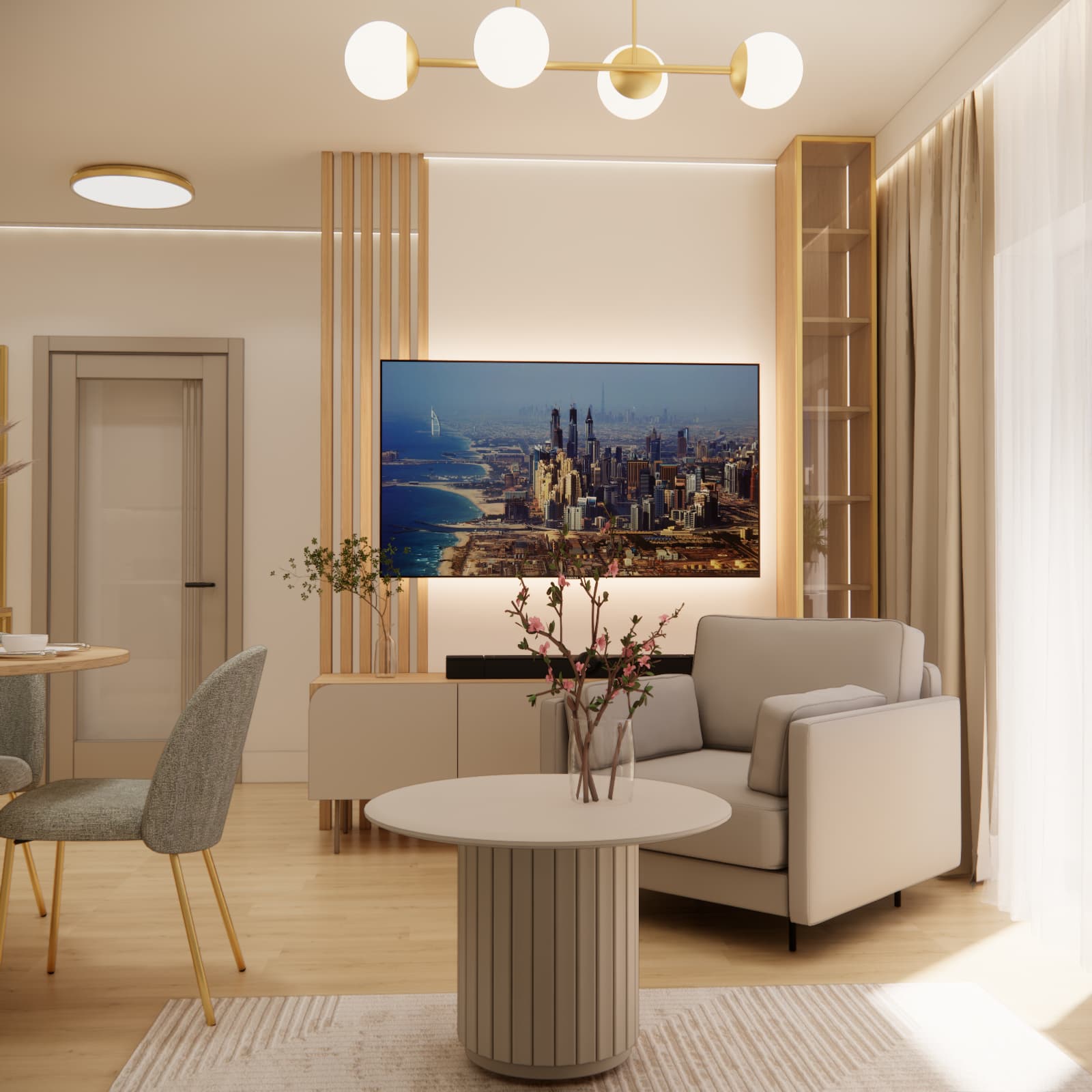Living room TV wall design with wooden slats, media unit and beige armchair