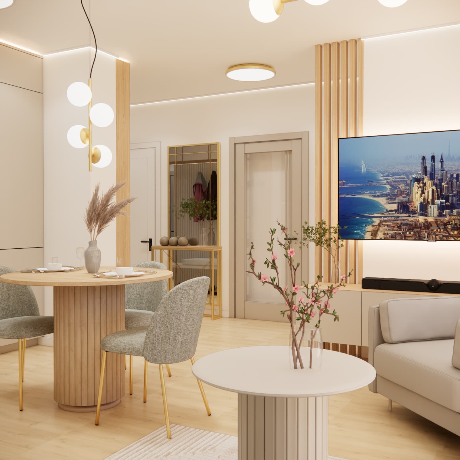 Living room with dining area and TV zone in a 55 m² apartment in Lublin
