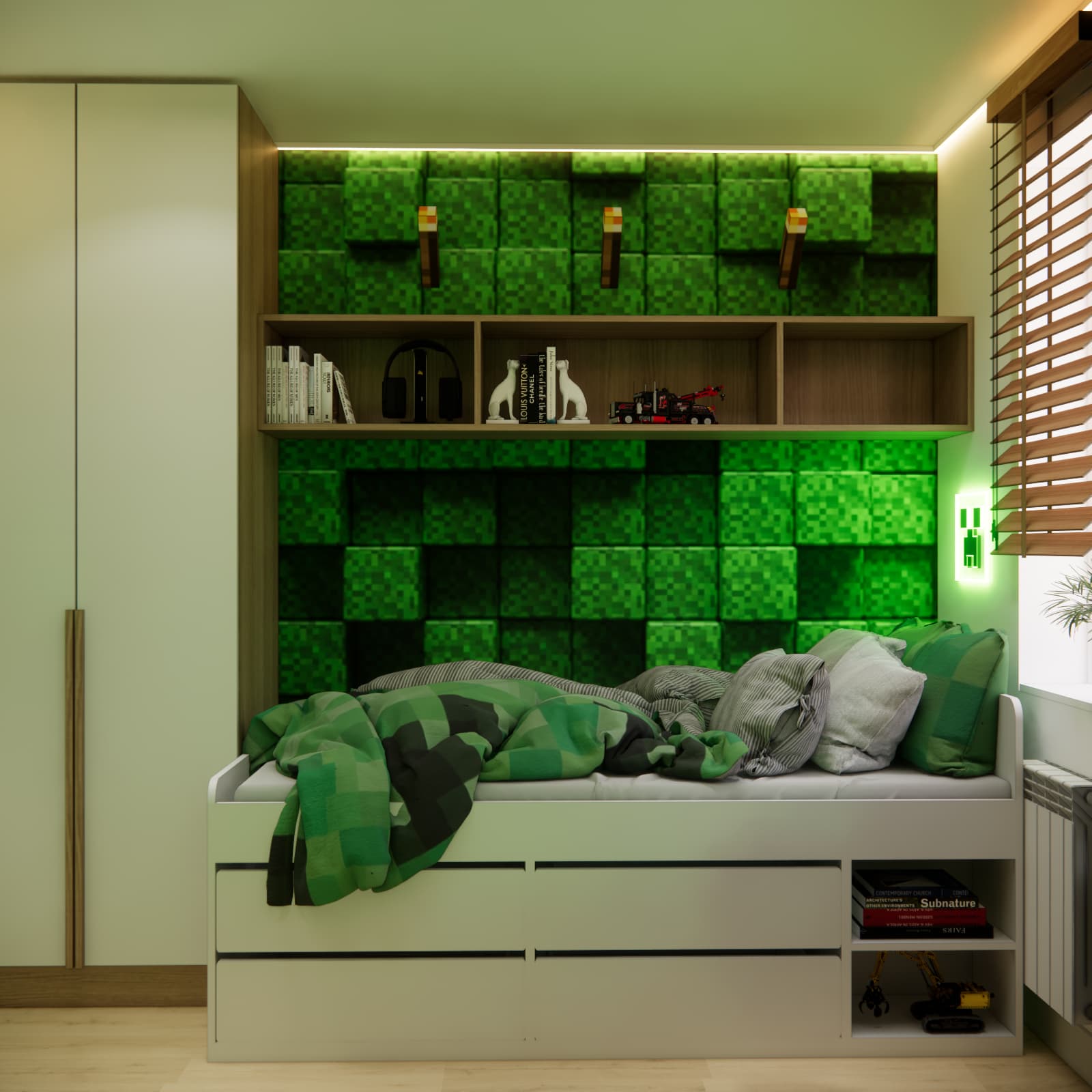 Minecraft bedroom design with green pixel wall, bed and shelving unit