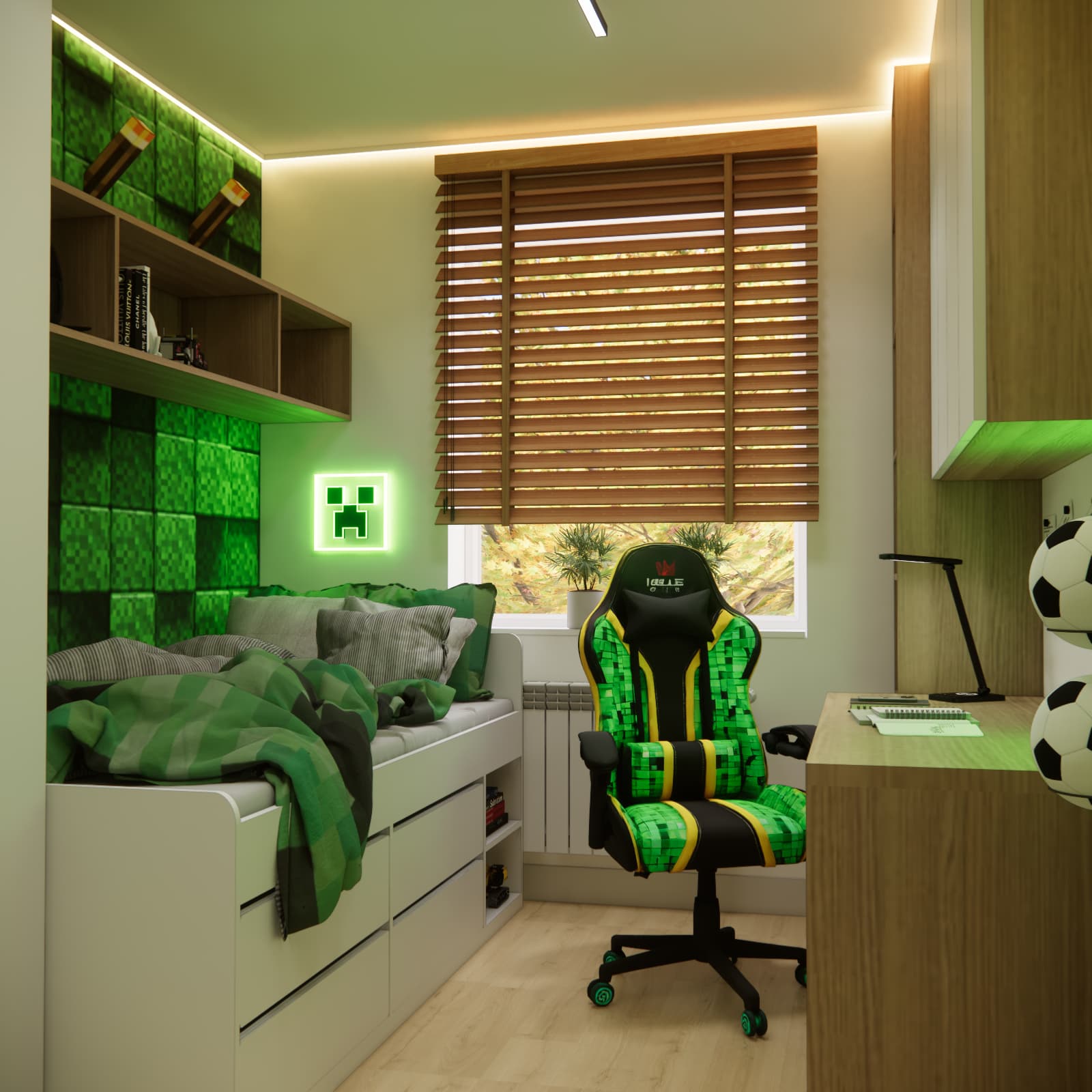 Minecraft bedroom interior with storage bed, desk and gaming chair