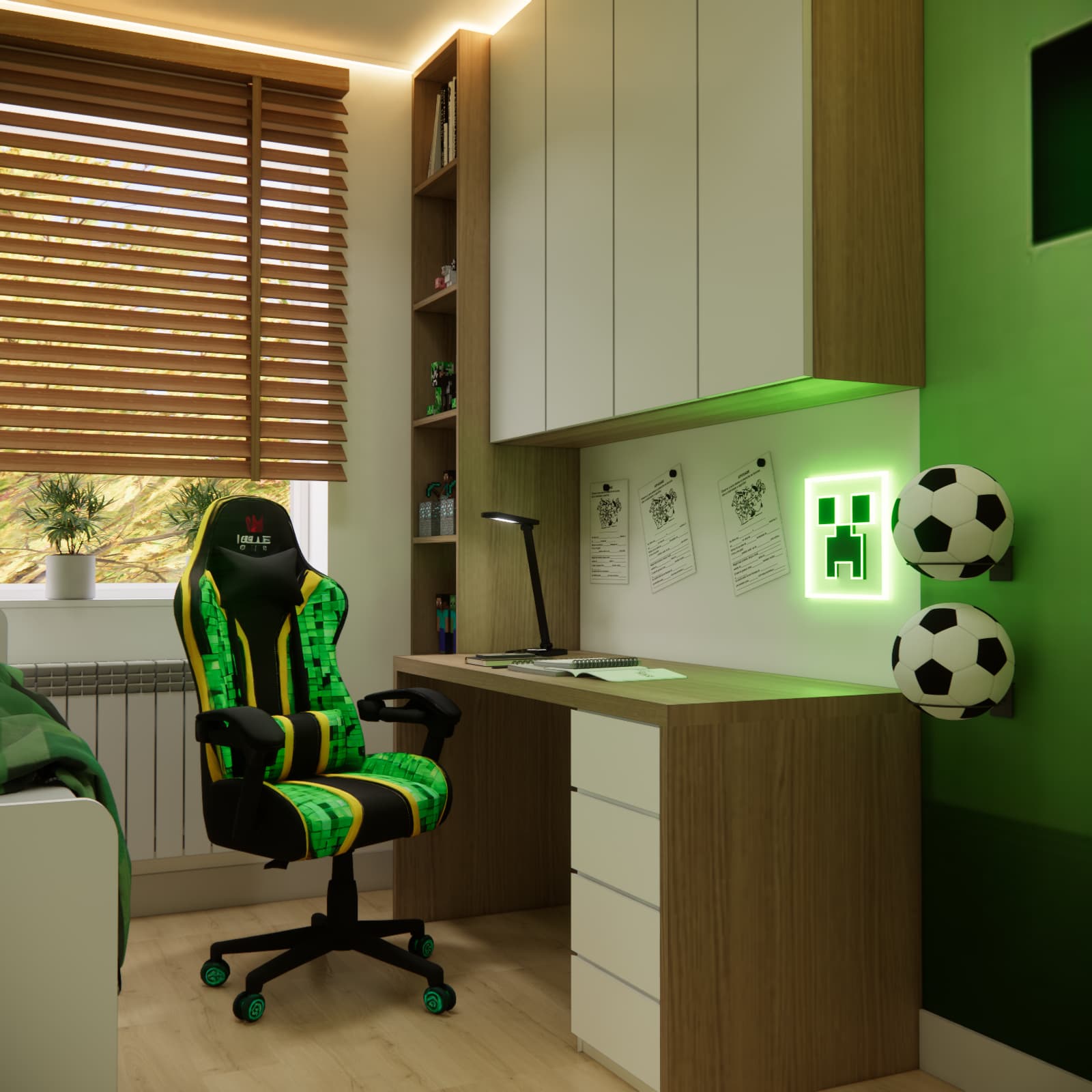 Minecraft-inspired boy's bedroom with desk, gaming chair and green LED lighting