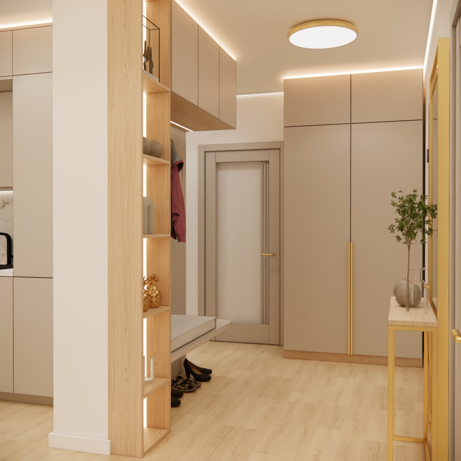 Modern entrance hall with custom built-in furniture, bench seat and illuminated shelving