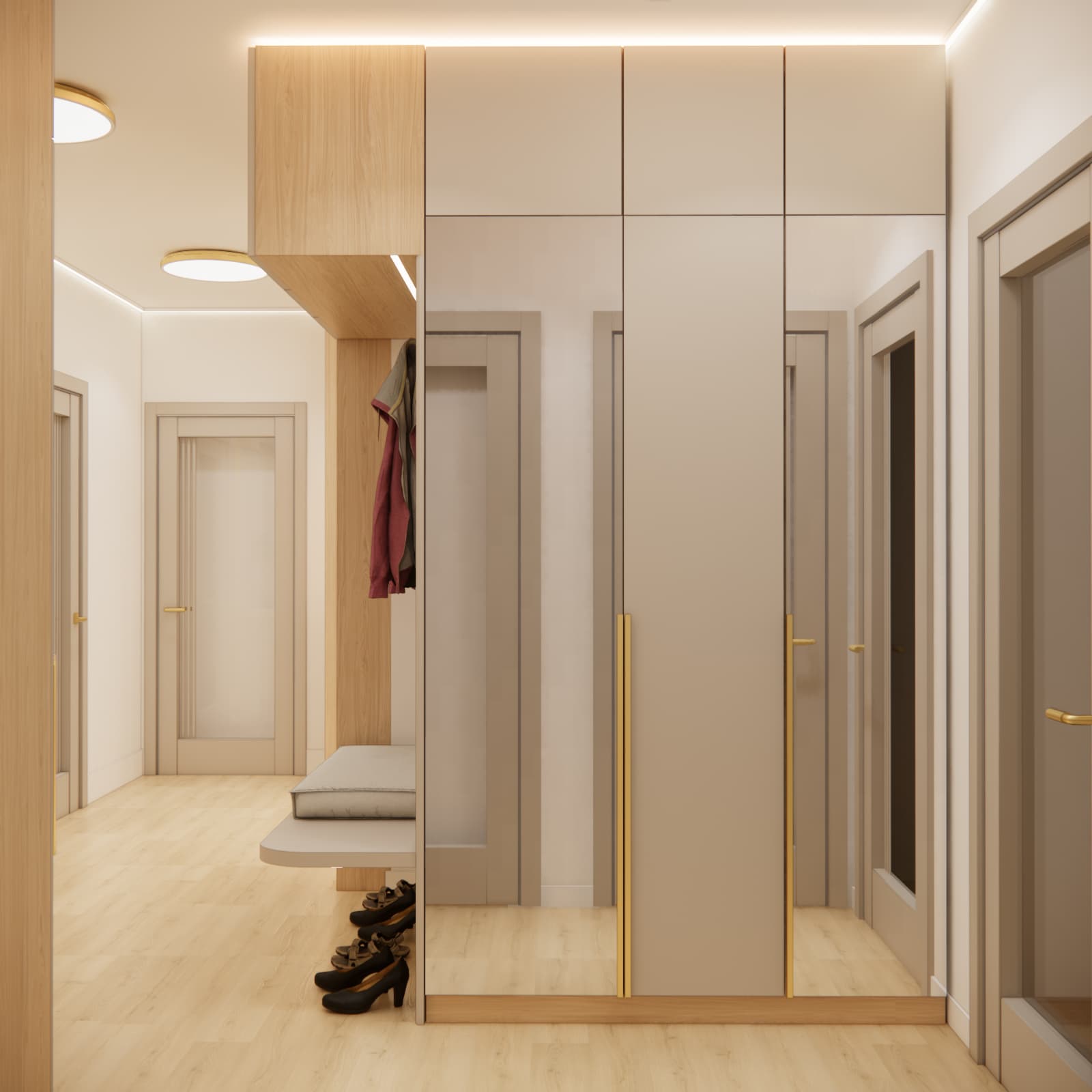 Wardrobe with mirrored fronts in the entrance hall of a 55 m² apartment