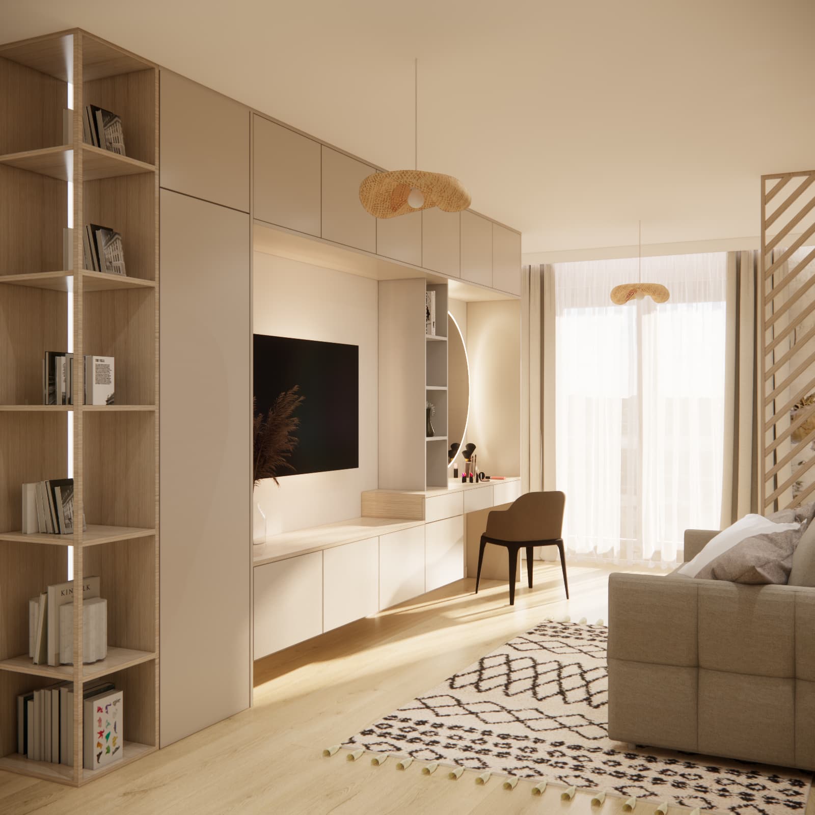 12-year-old Amelia’s room in Kraków with light-coloured fitted furniture, a TV, dressing table and beige sofa