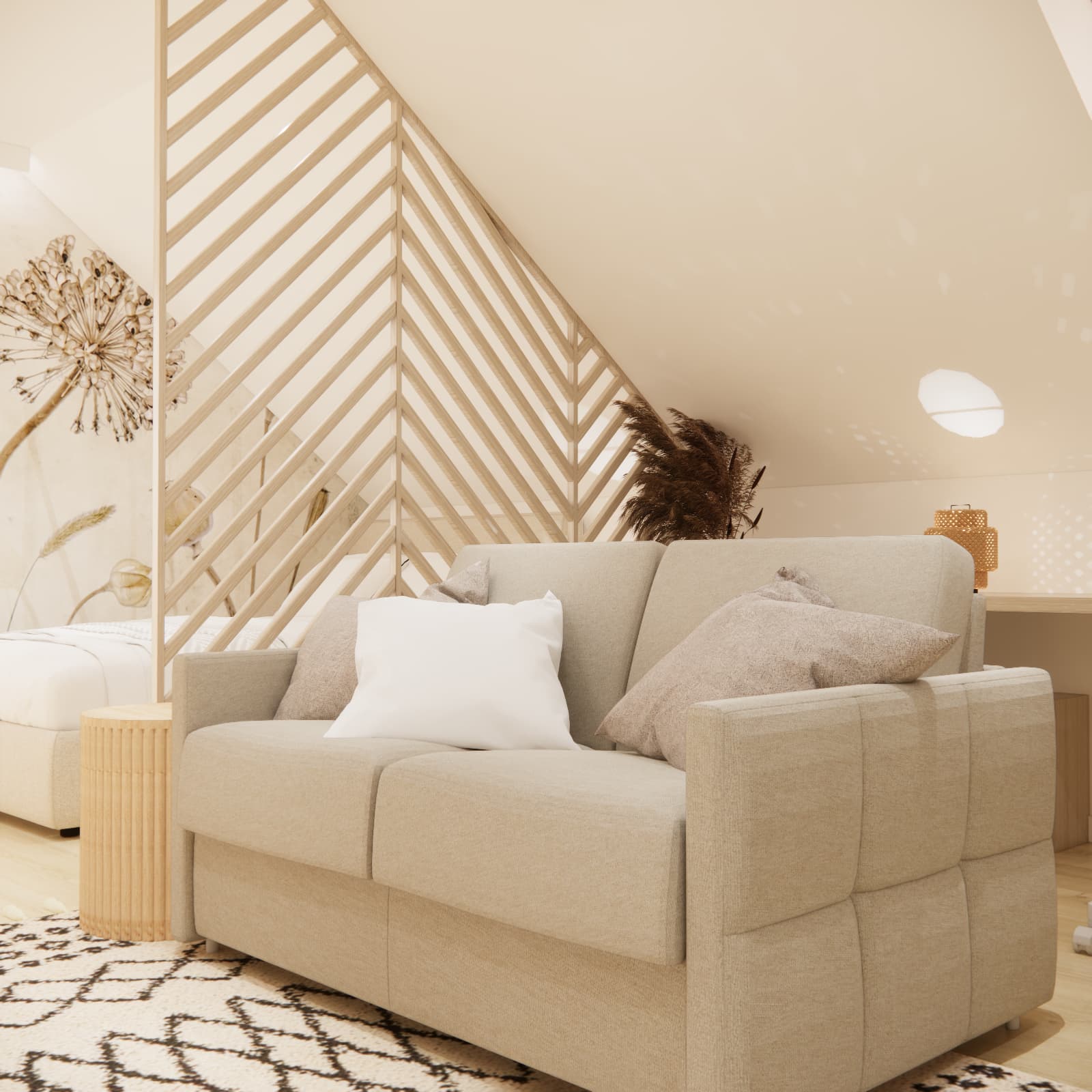 Beige sofa with light cushions, a round side table and a patterned rug in Amelia’s room
