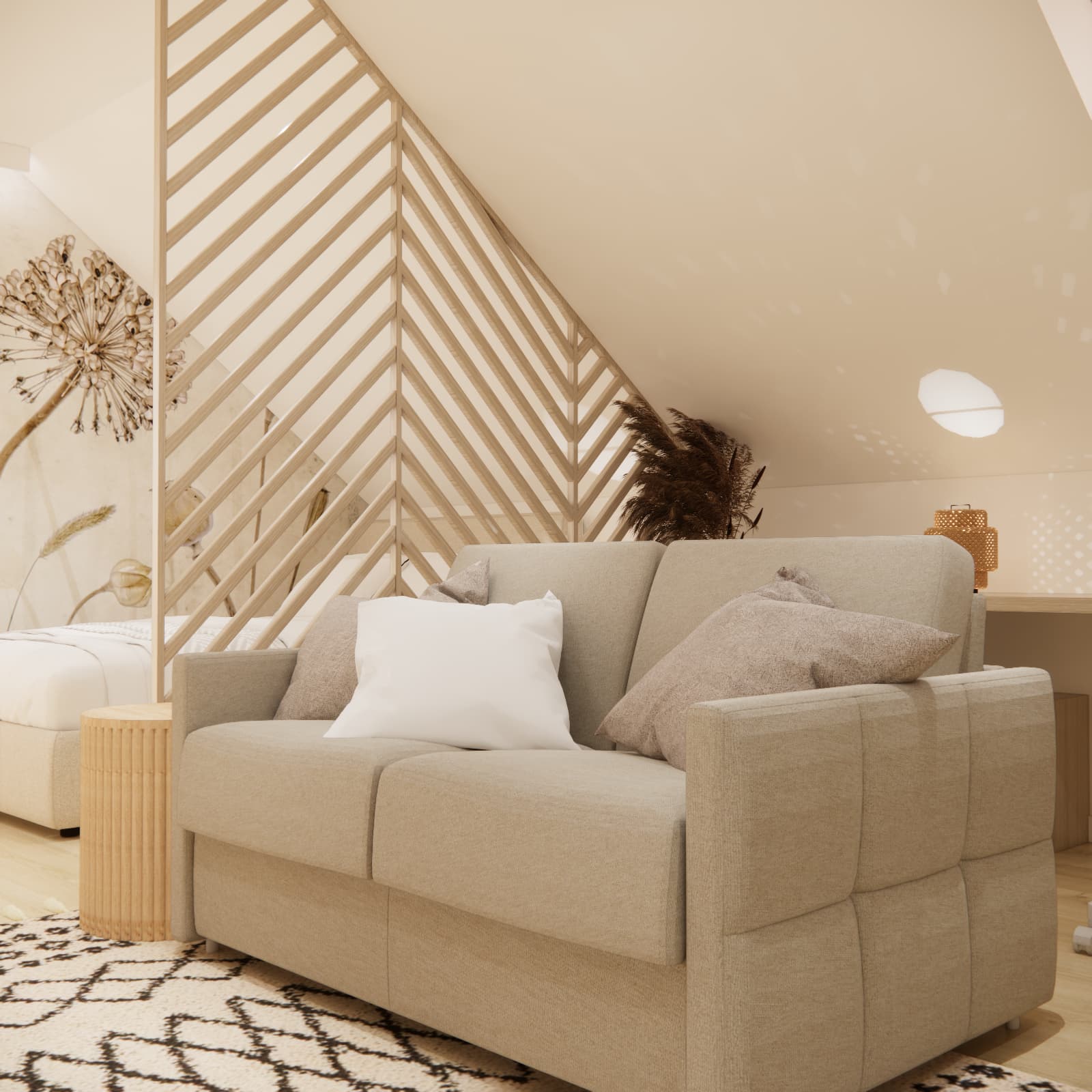 Close-up of the beige sofa and cushions against a light-coloured divider made from diagonal slats