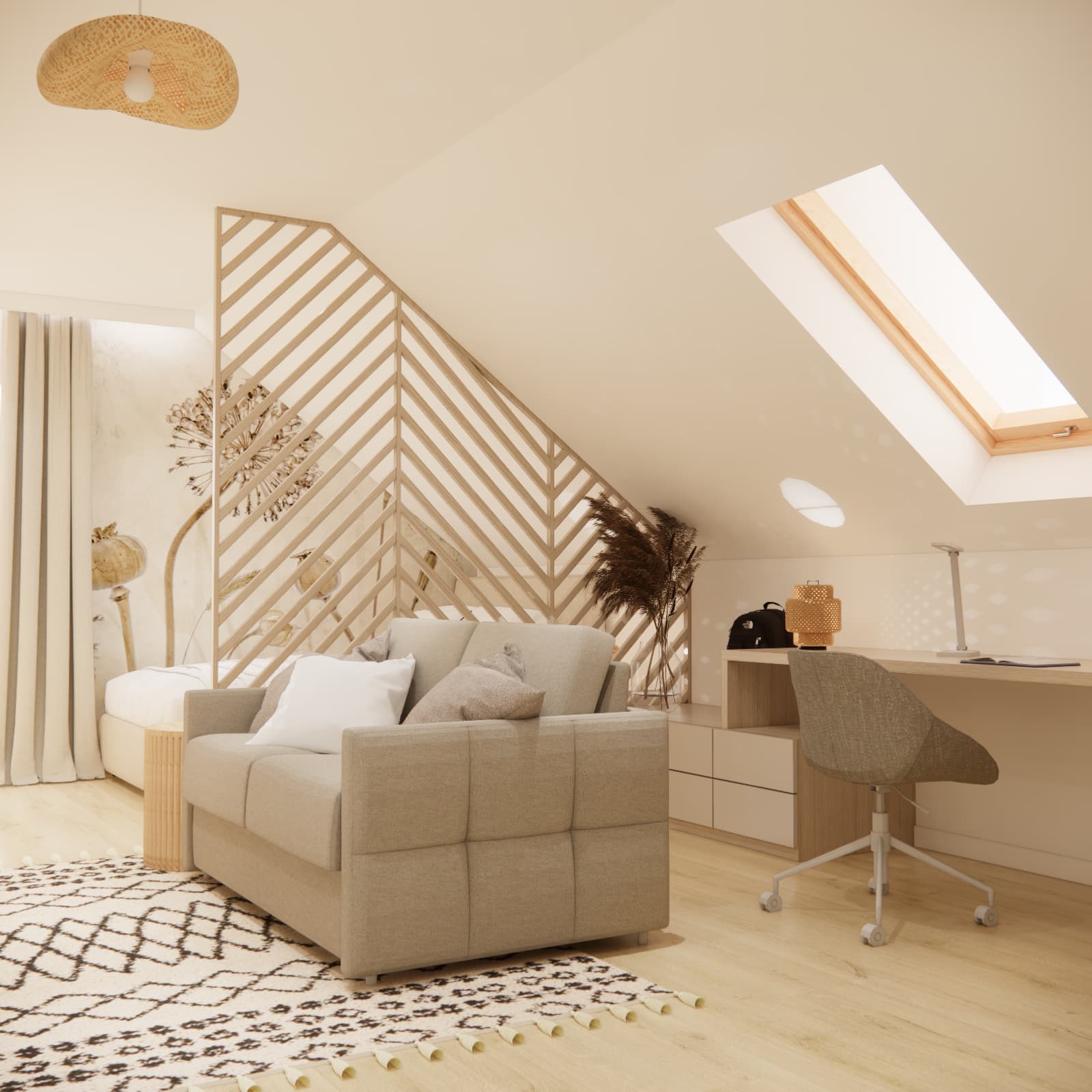 Desk beneath a roof window, beige chair and sofa beside an open slatted divider in a teenage girl’s room
