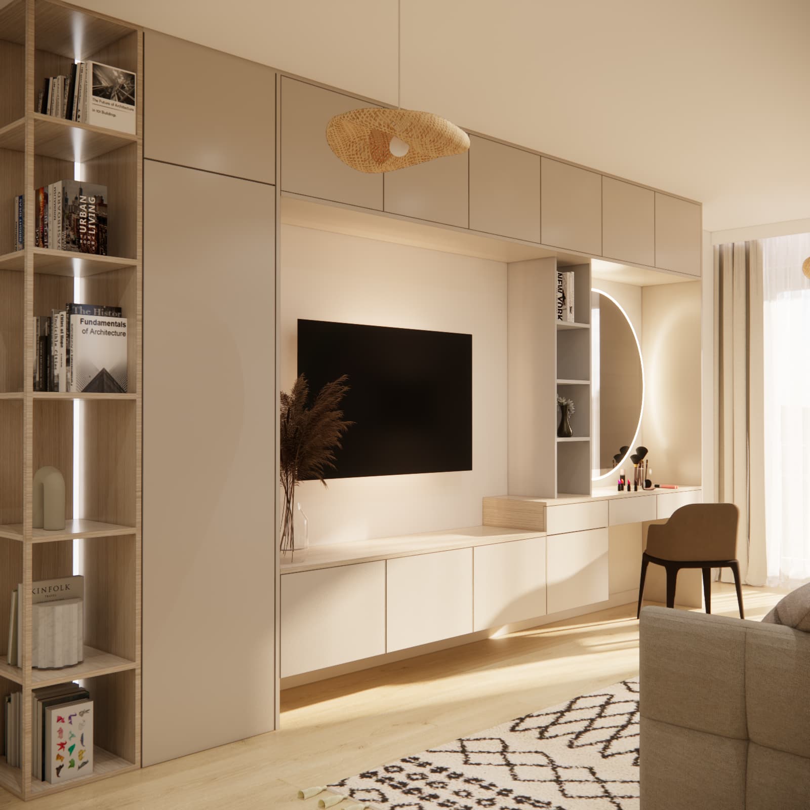 Light-coloured fitted furniture with a TV, illuminated bookcase and dressing table with a round mirror in Amelia’s room