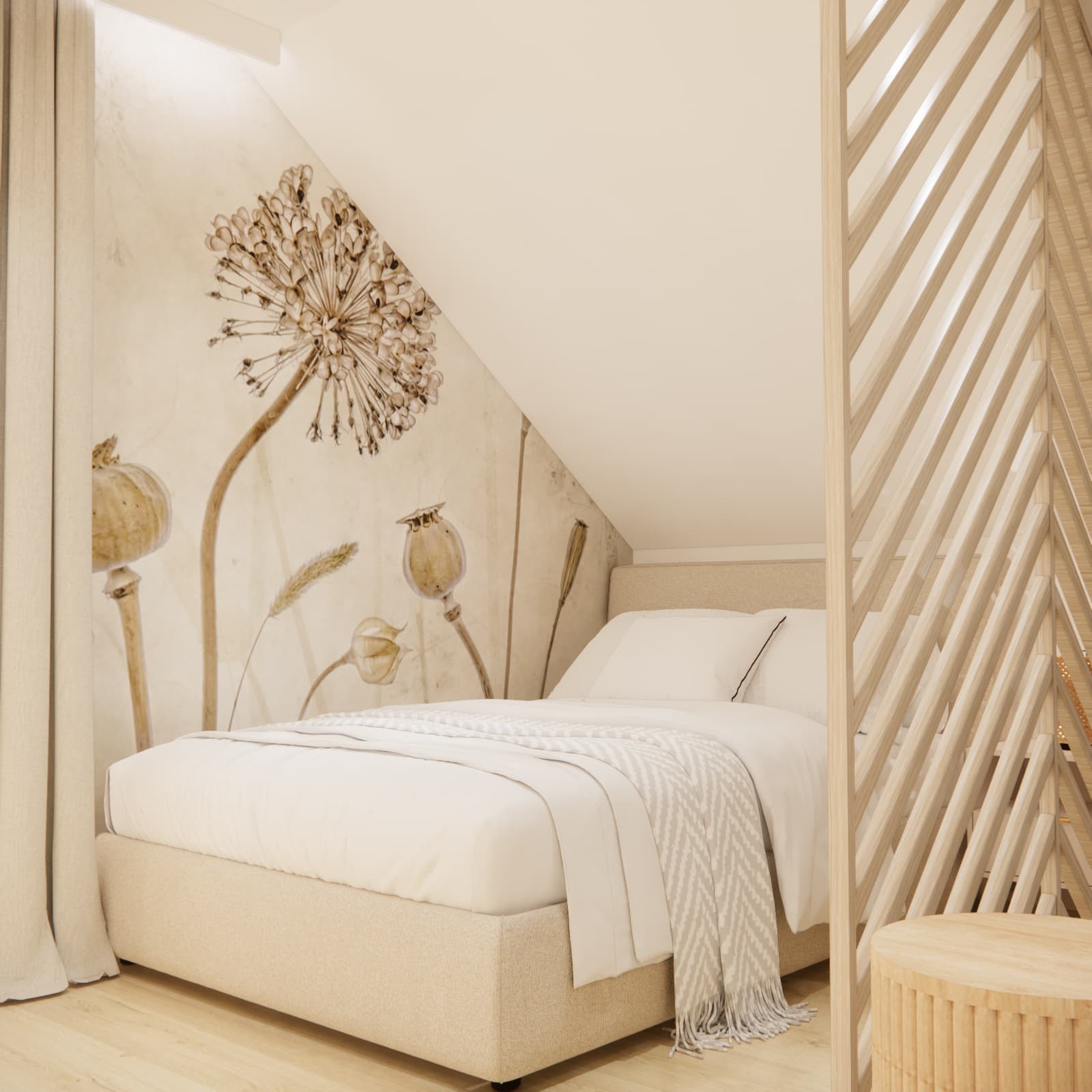 Light-coloured upholstered bed beneath a sloping ceiling, with botanical wallpaper and an open slatted divider