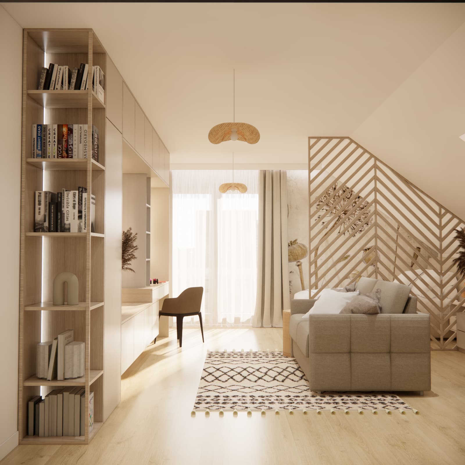 View of Amelia’s room with an open bookcase, sofa and slatted divider screening the bed
