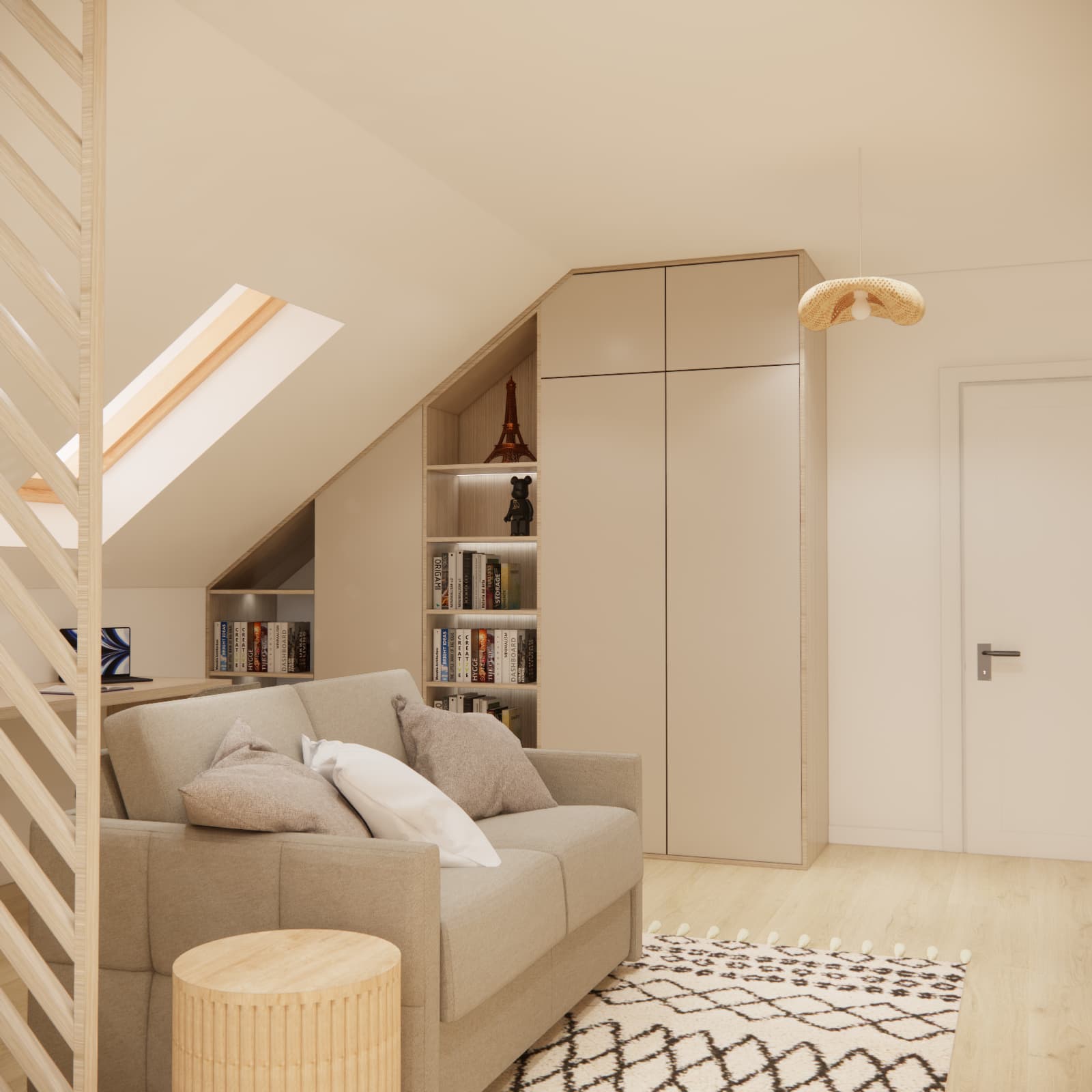 Wardrobe fitted beneath a sloping ceiling with open bookshelves near the entrance to a teenage girl’s room