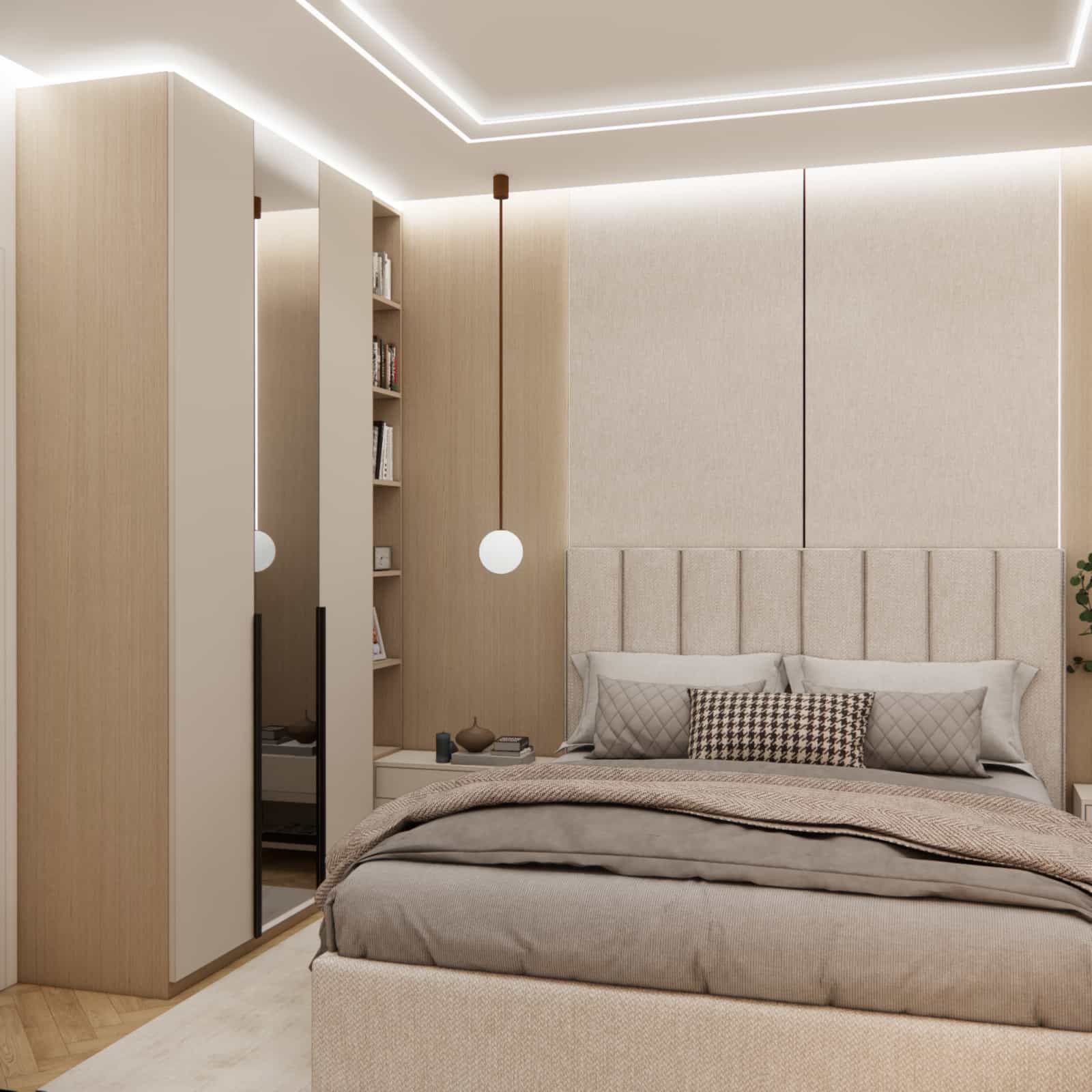 Zabudowa z jasnego drewna w aranżacji sypialni 10m2