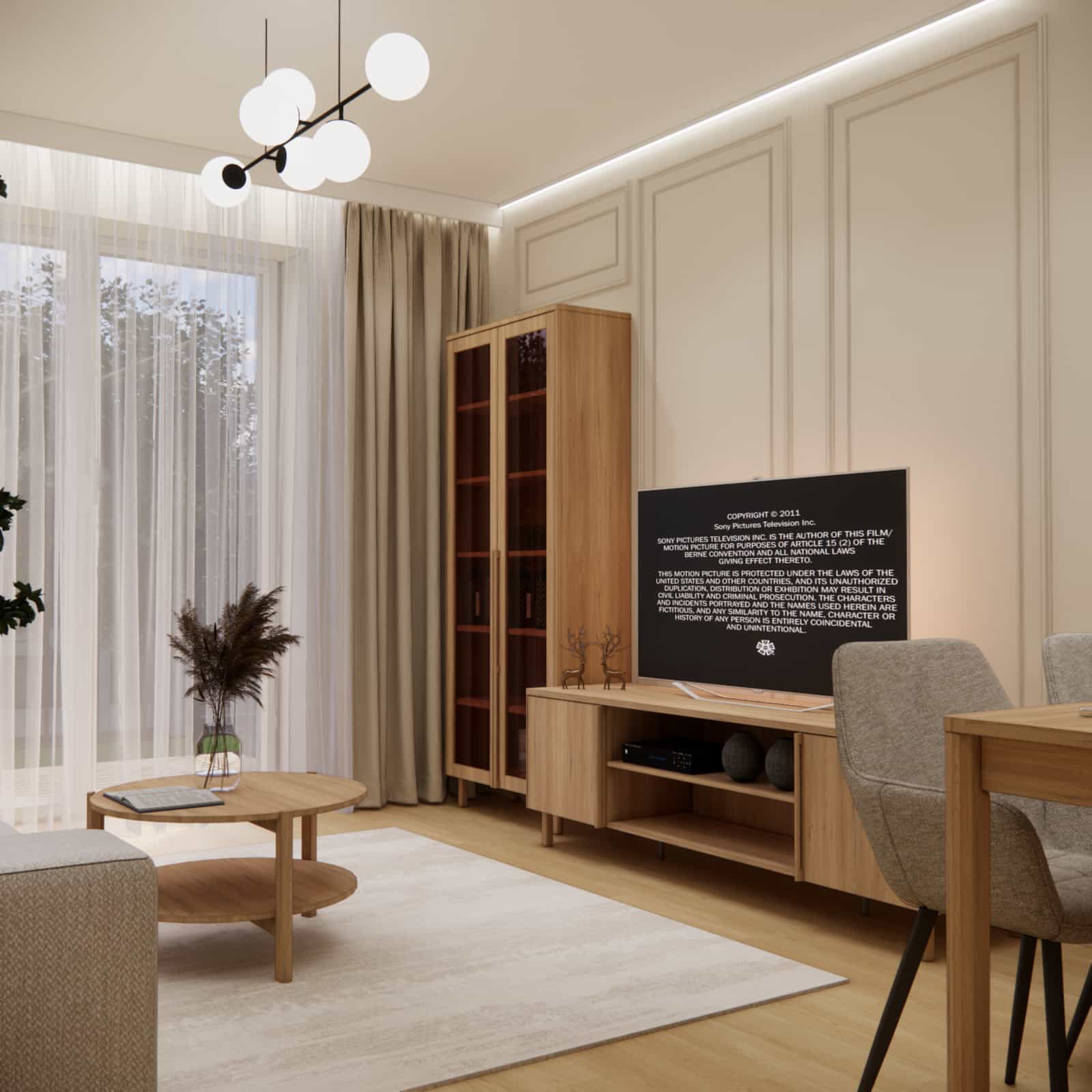 Salon w stylu modern classic z drewnianą szafką RTV, witryną i dekoracyjną sztukaterią na ścianach