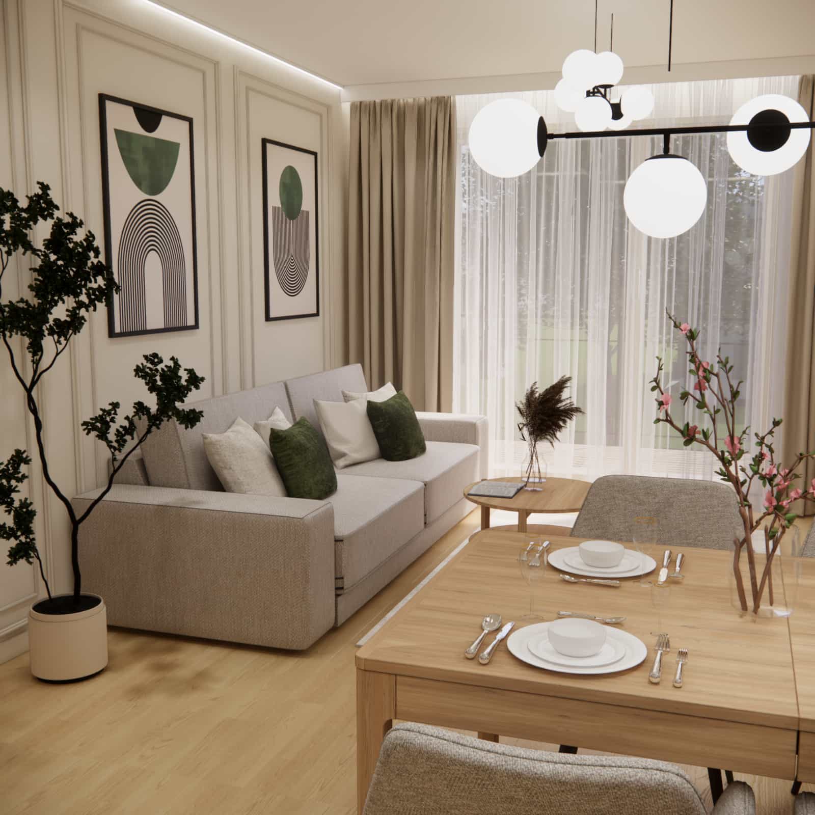 Salon z jasną sofą, dekoracyjnymi poduszkami i grafikami na ścianie w stylu modern classic