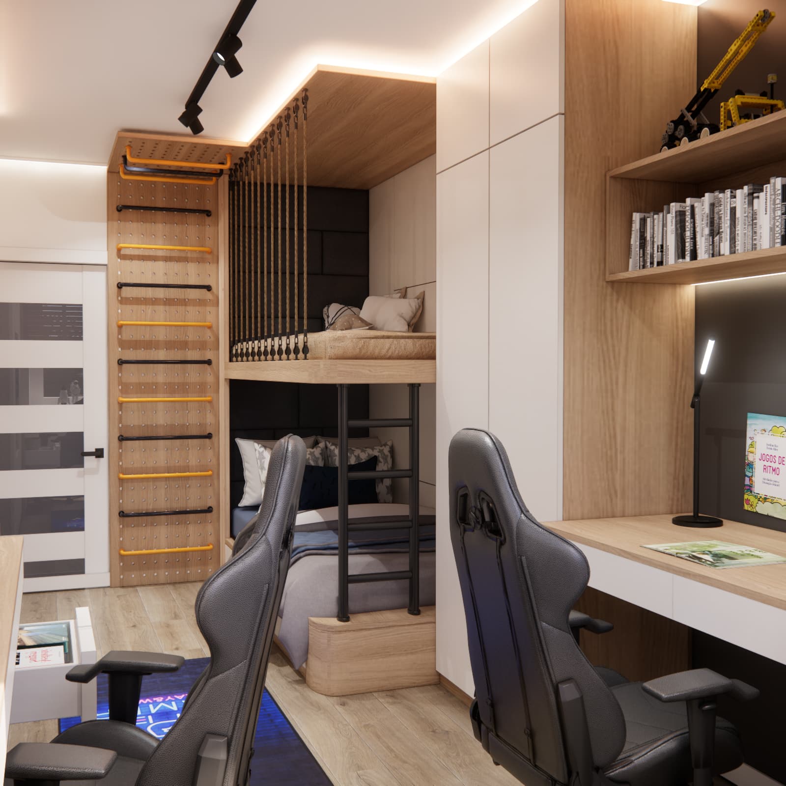 12 m² shared room design for two boys with a bunk bed and two separate desks