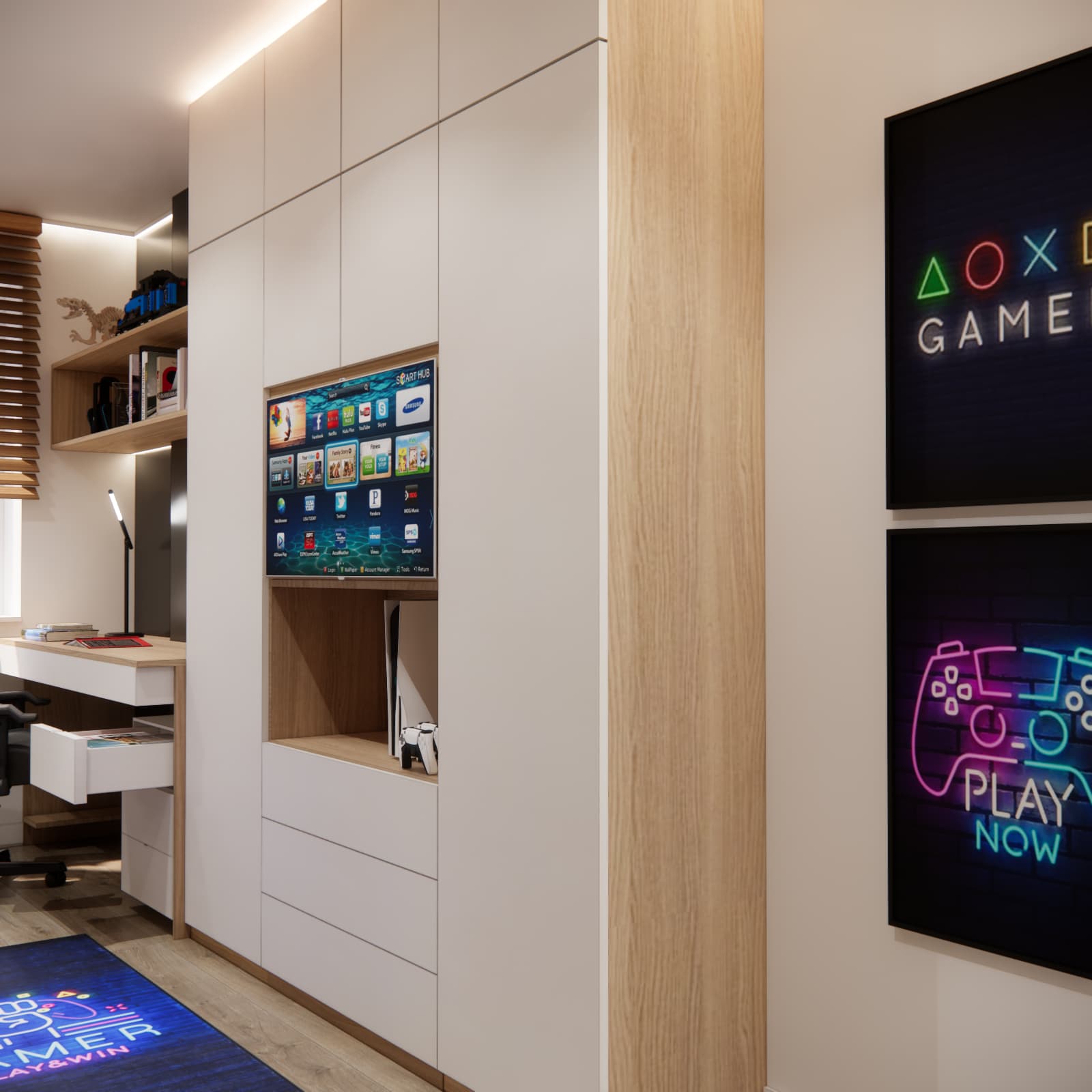 Built-in furniture with TV and games console in a shared room for two boys