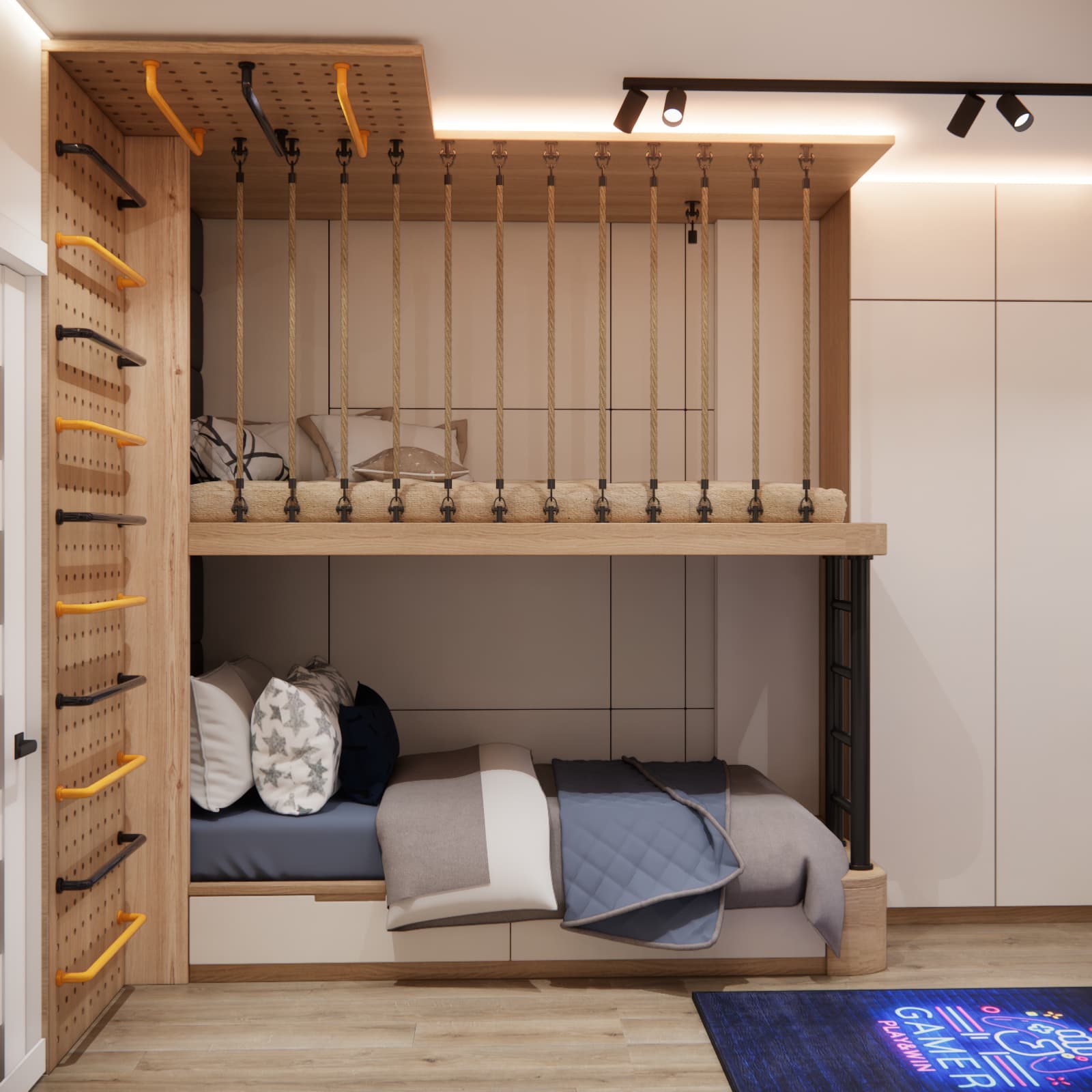 Bunk bed with a climbing wall in a shared room for two boys