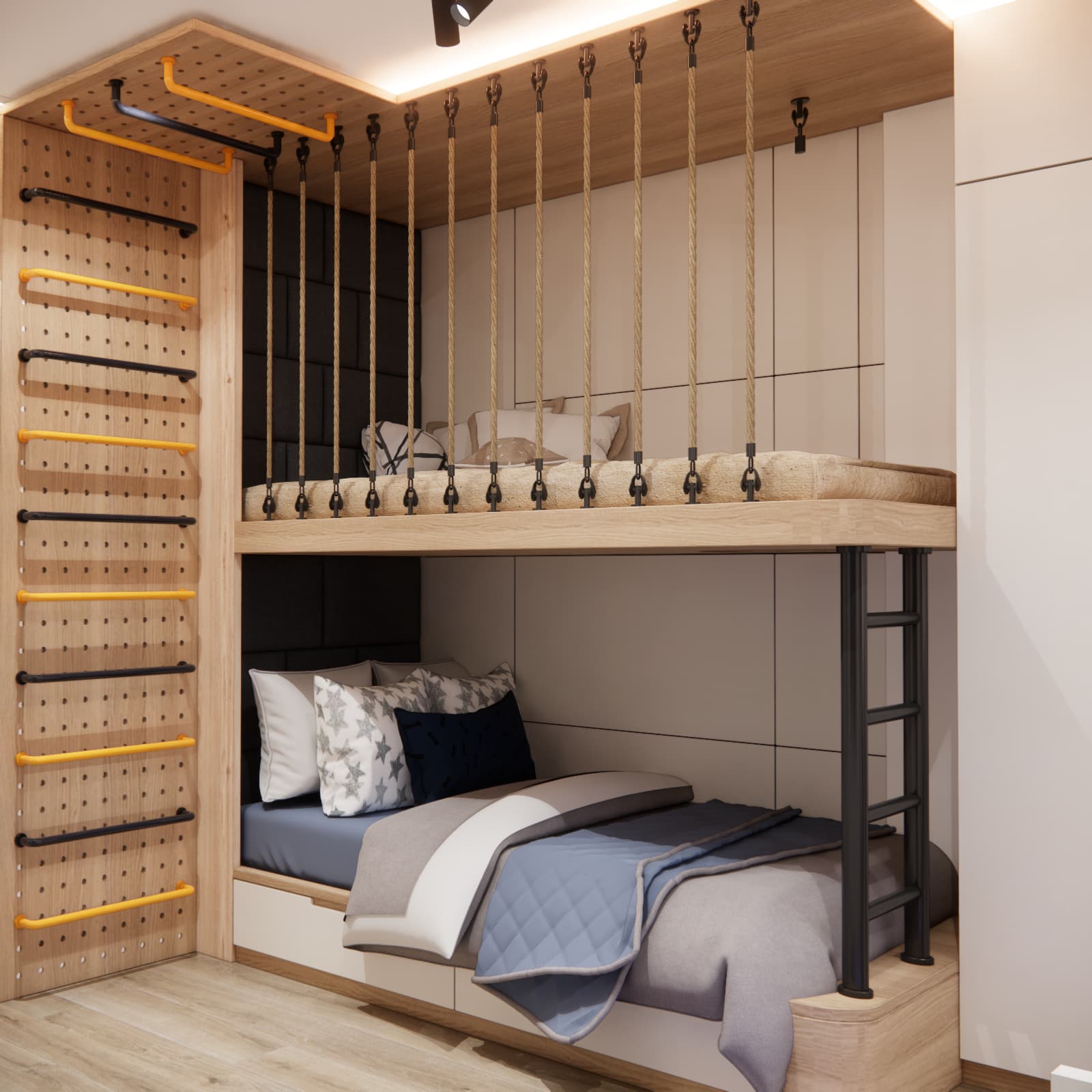 Bunk bed with a rope safety barrier and ladder in a shared children's room