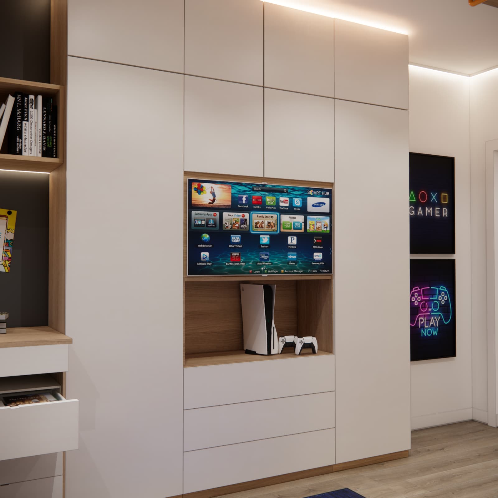 Floor-to-ceiling wardrobe with TV and games console storage in a room for two brothers