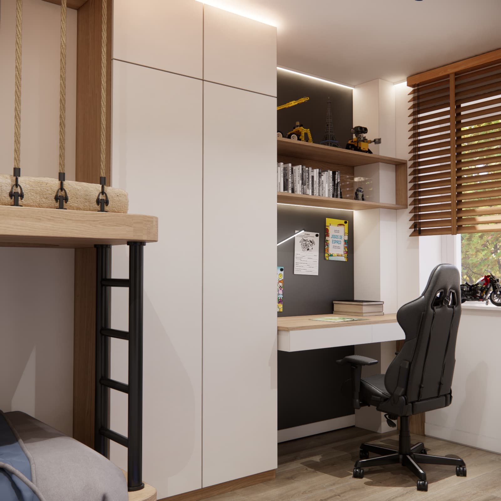 Functional division of a shared bedroom for two brothers into sleeping and study zones