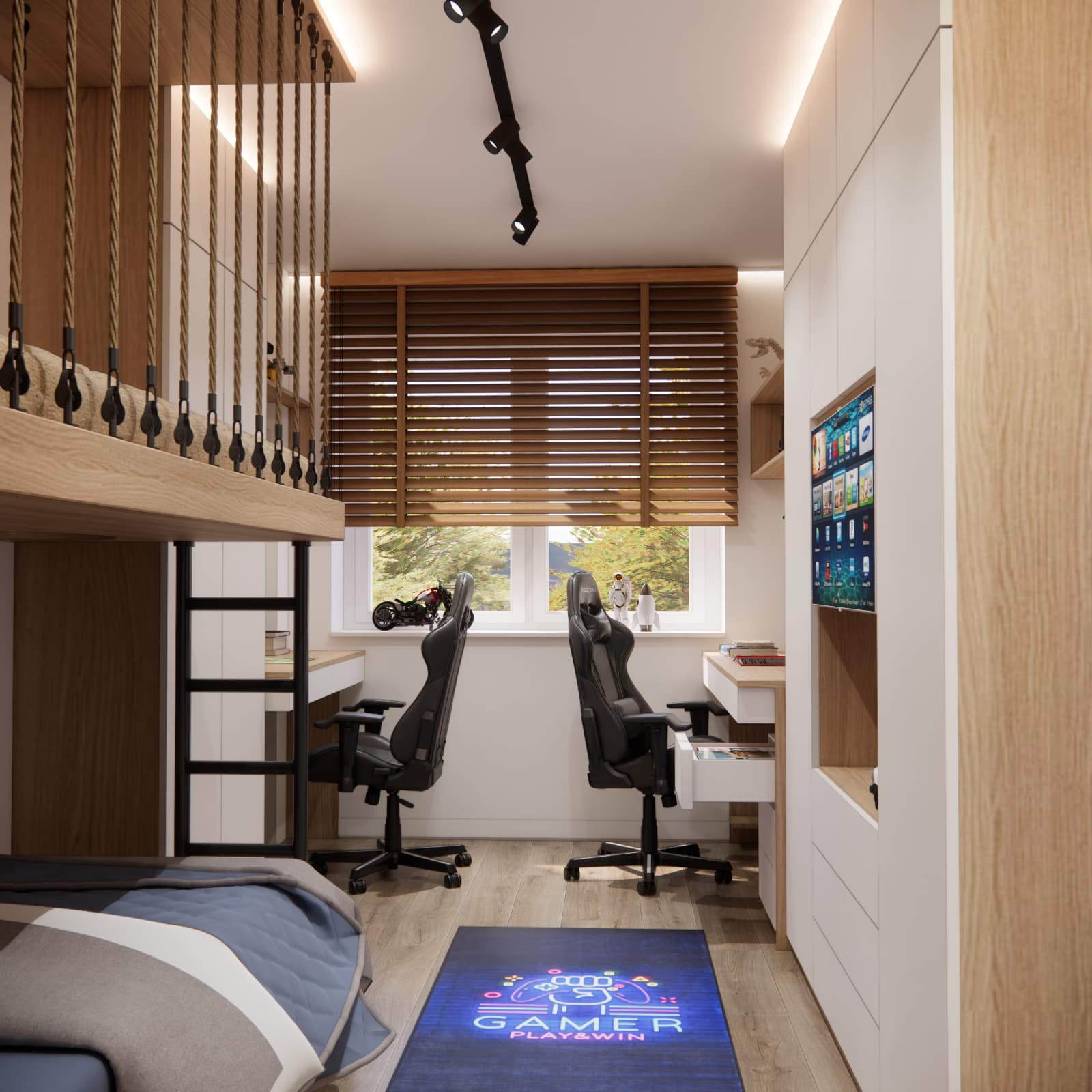 Shared 12 m² room design for two brothers aged 7 and 10 with two desks and a bunk bed