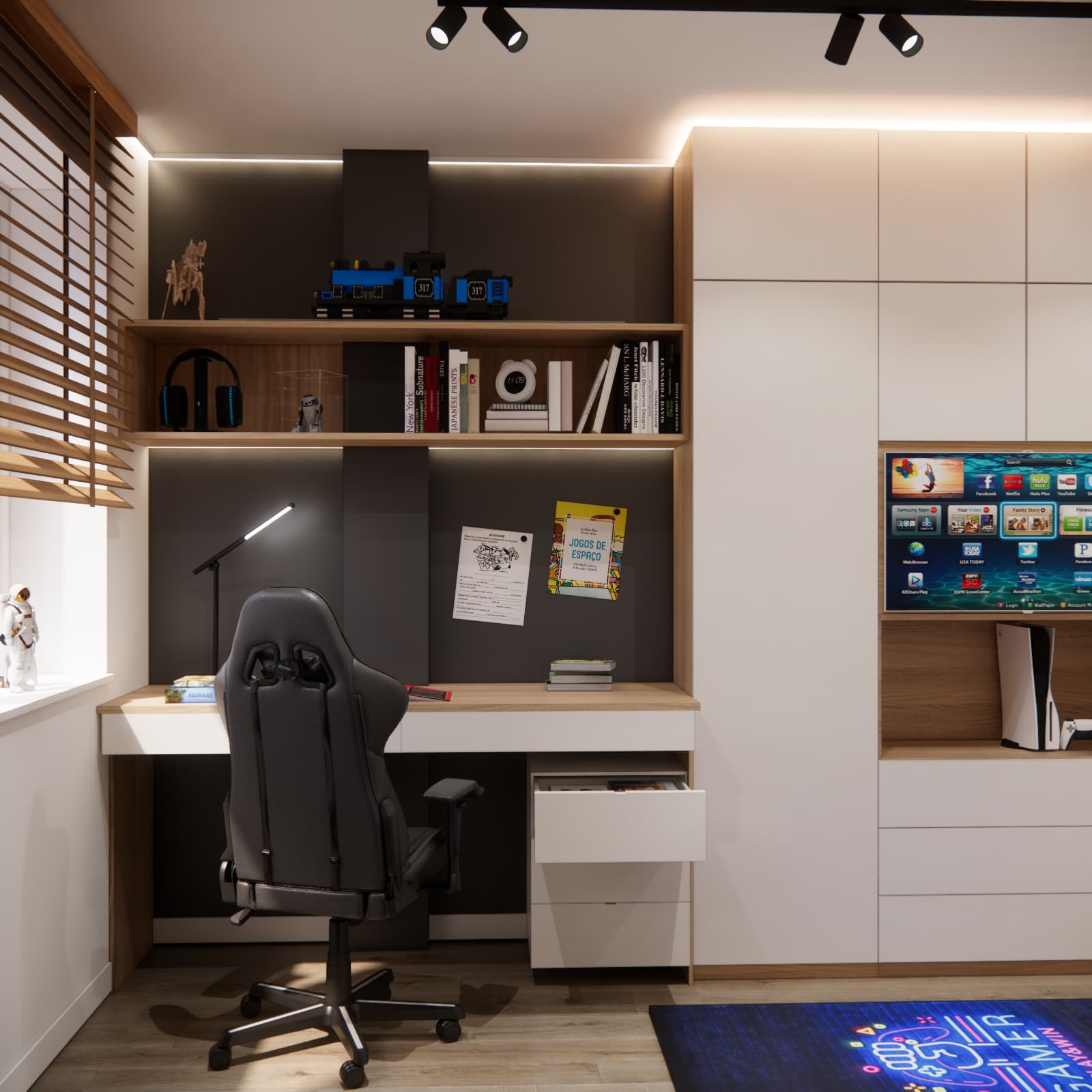 Shared children's room design with desk, shelves and floor-to-ceiling storage