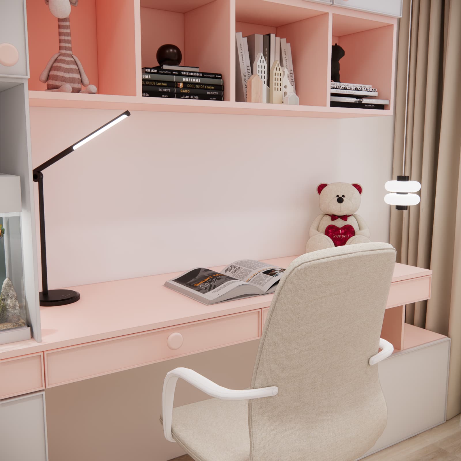 Detail of the pink desk with drawers, an adjustable arm lamp and bookshelves above the desktop