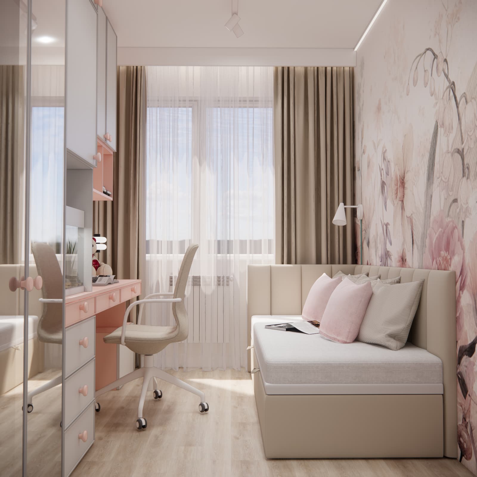 Zofia’s 7 m² room in Koszalin with a desk, upholstered bed and floral wallpaper