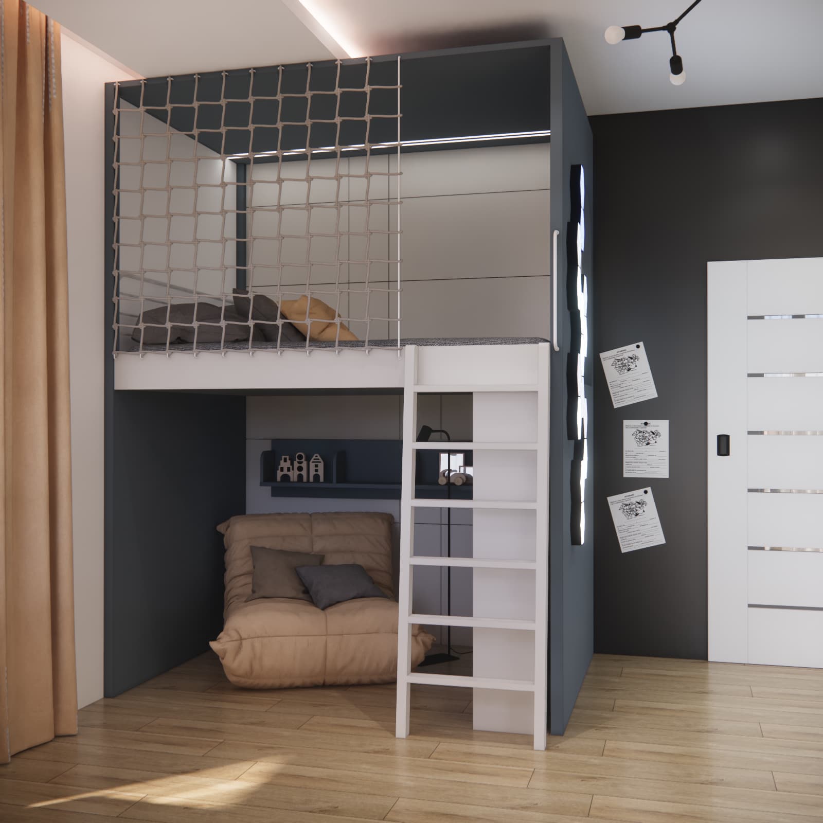 Mezzanine with mesh railing and a relaxation area underneath, featuring a soft chair and bookshelves.