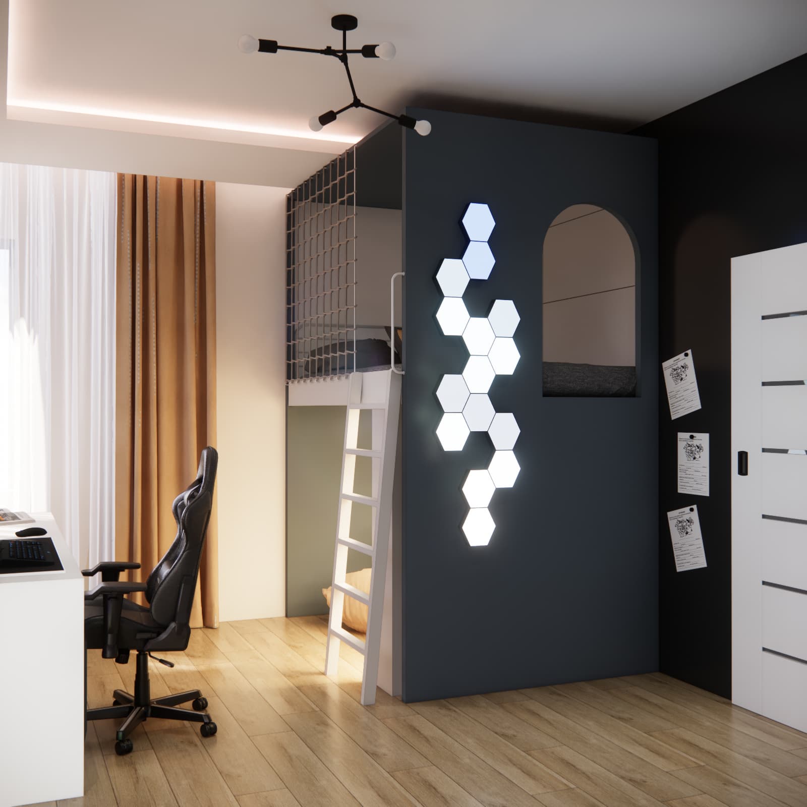 Modern mezzanine in a boy’s room with LED lighting, ladder, and illuminated wall panels.