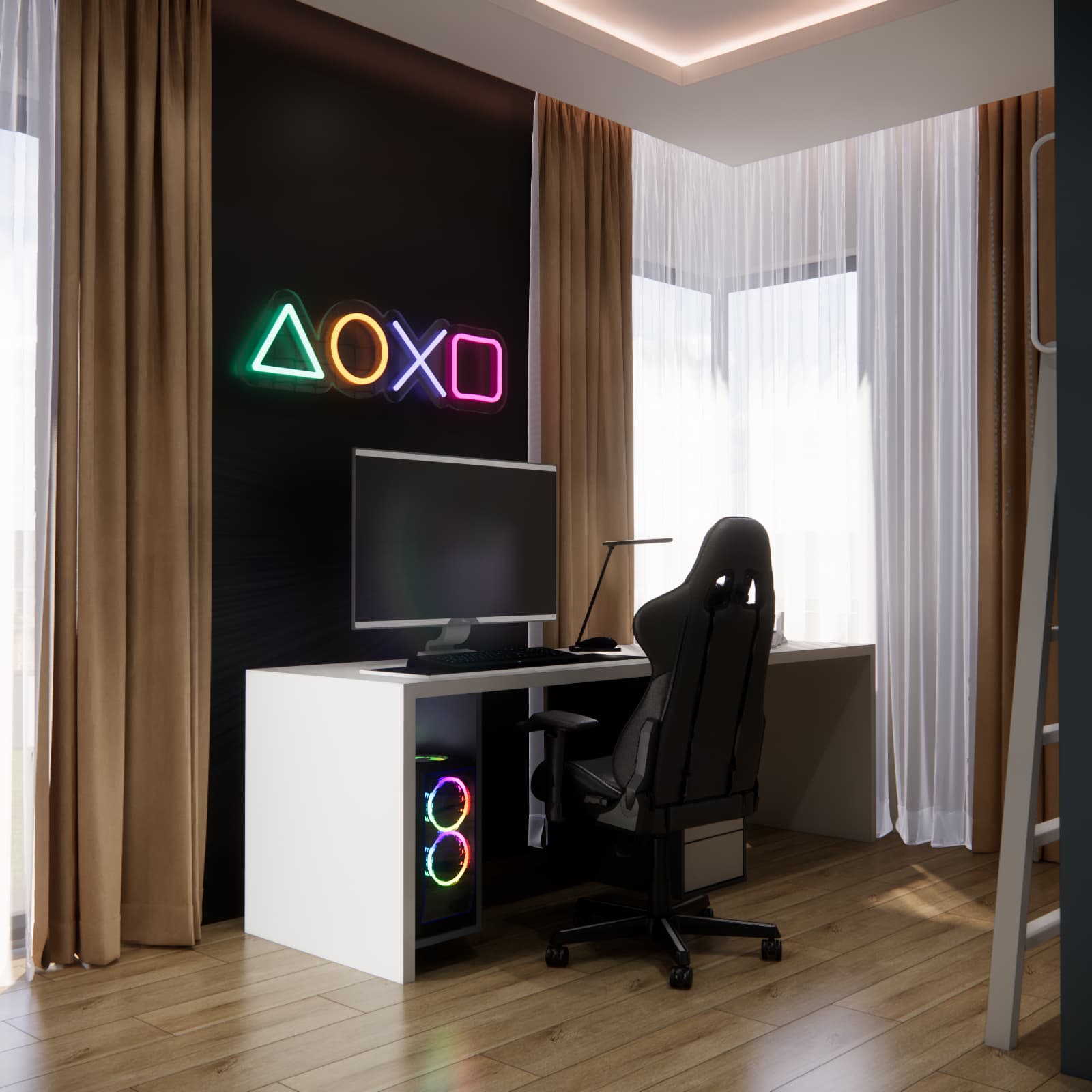 Minimalist gaming desk with a PlayStation neon sign and an RGB-lit computer by a large window.
