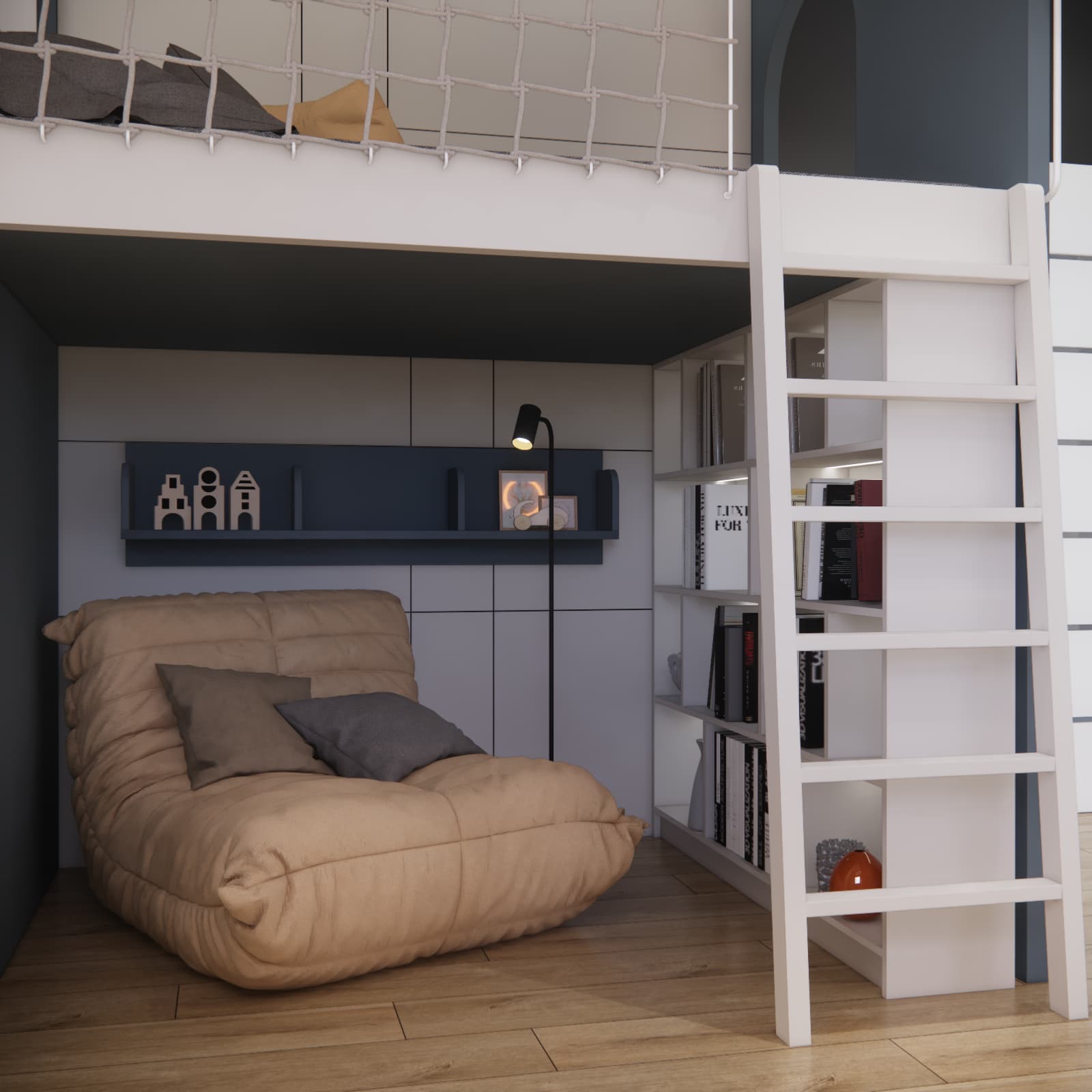 Cozy relaxation corner under the mezzanine with a soft chair, shelves, and a floor lamp.