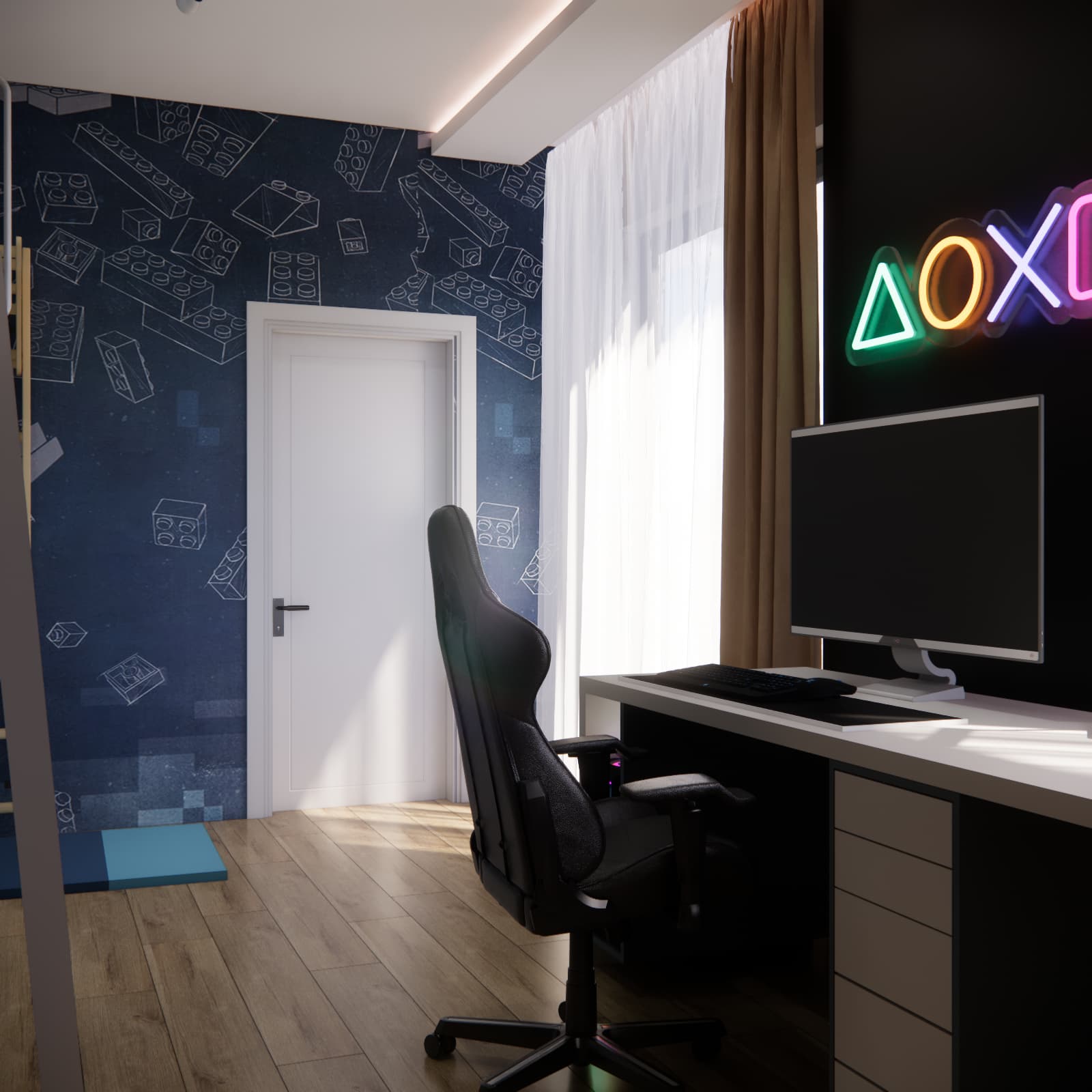 View of a gaming desk with PlayStation neon lights and navy wallpaper with a block motif near the doors.